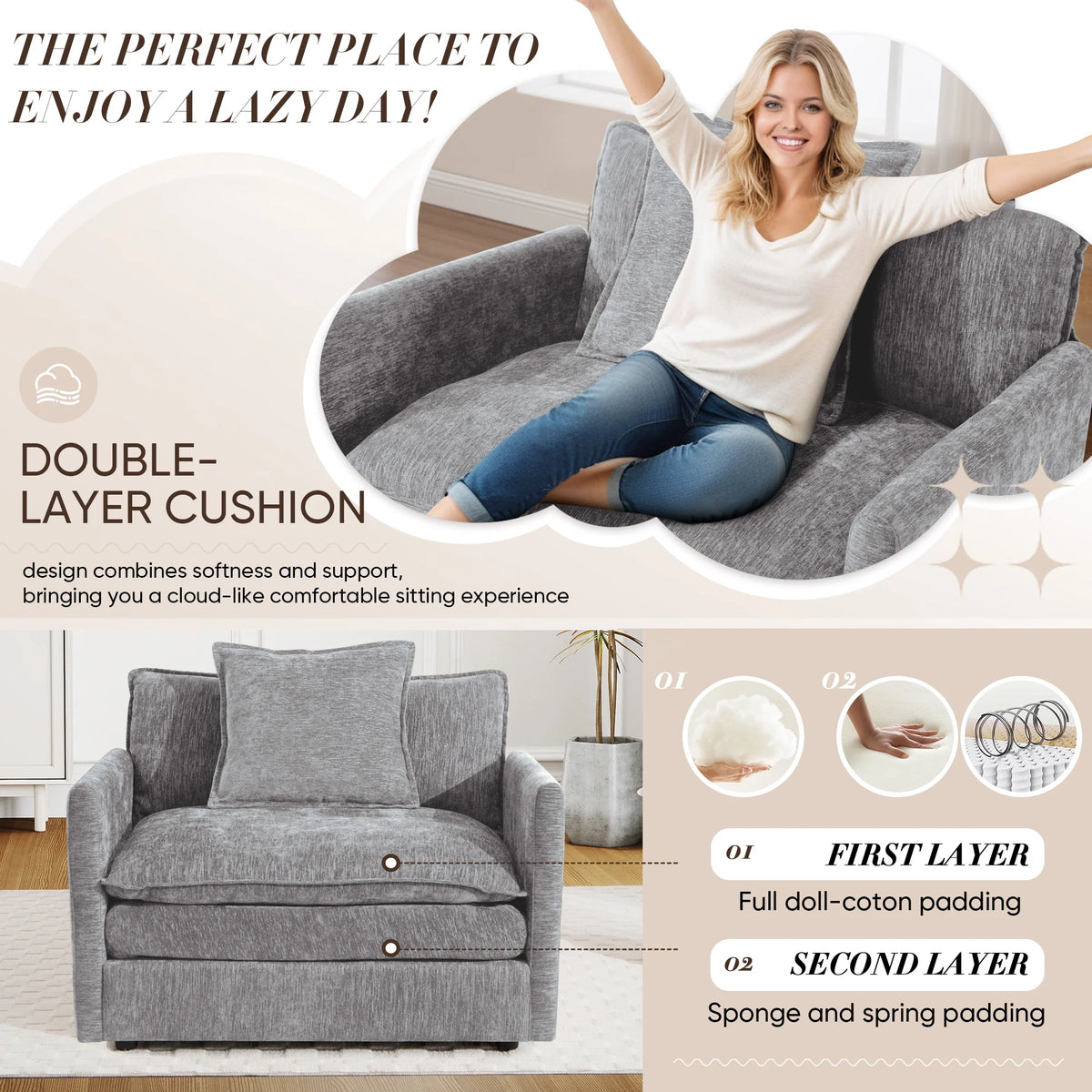 Muumblus Oversized Lounge Chair with Ottoman, Cloud Accent Armchair for Living Room, Beige Chenille - Product image 48