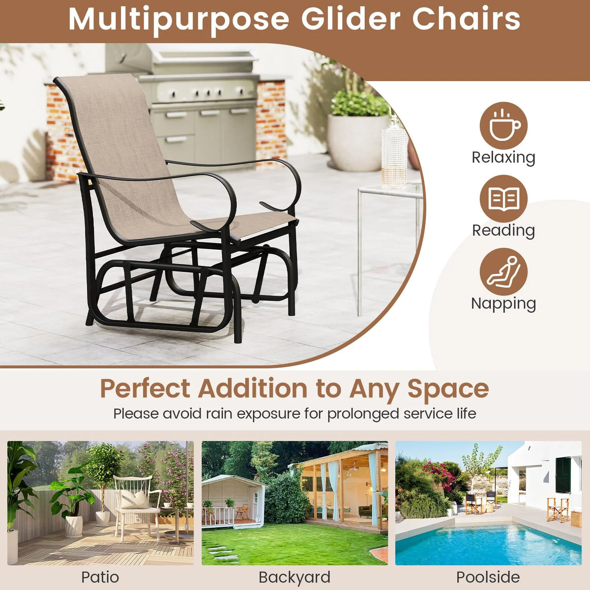 Tangkula Outdoor Glider Chairs Set of 2/4 with High Backrest Breathable Mesh Fabric and Metal Frame - Product image 8