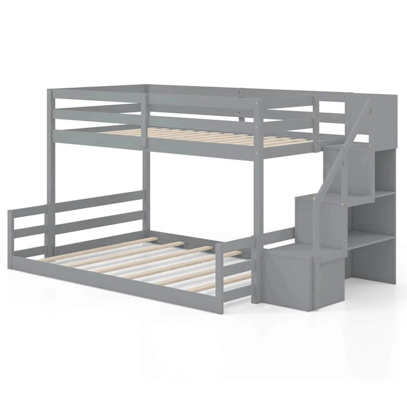 Twin Over Full Bunk Bed with Storage Stairs, Solid Wood Floor Bunk Bed with Full-Length Guardrails - Product image 12