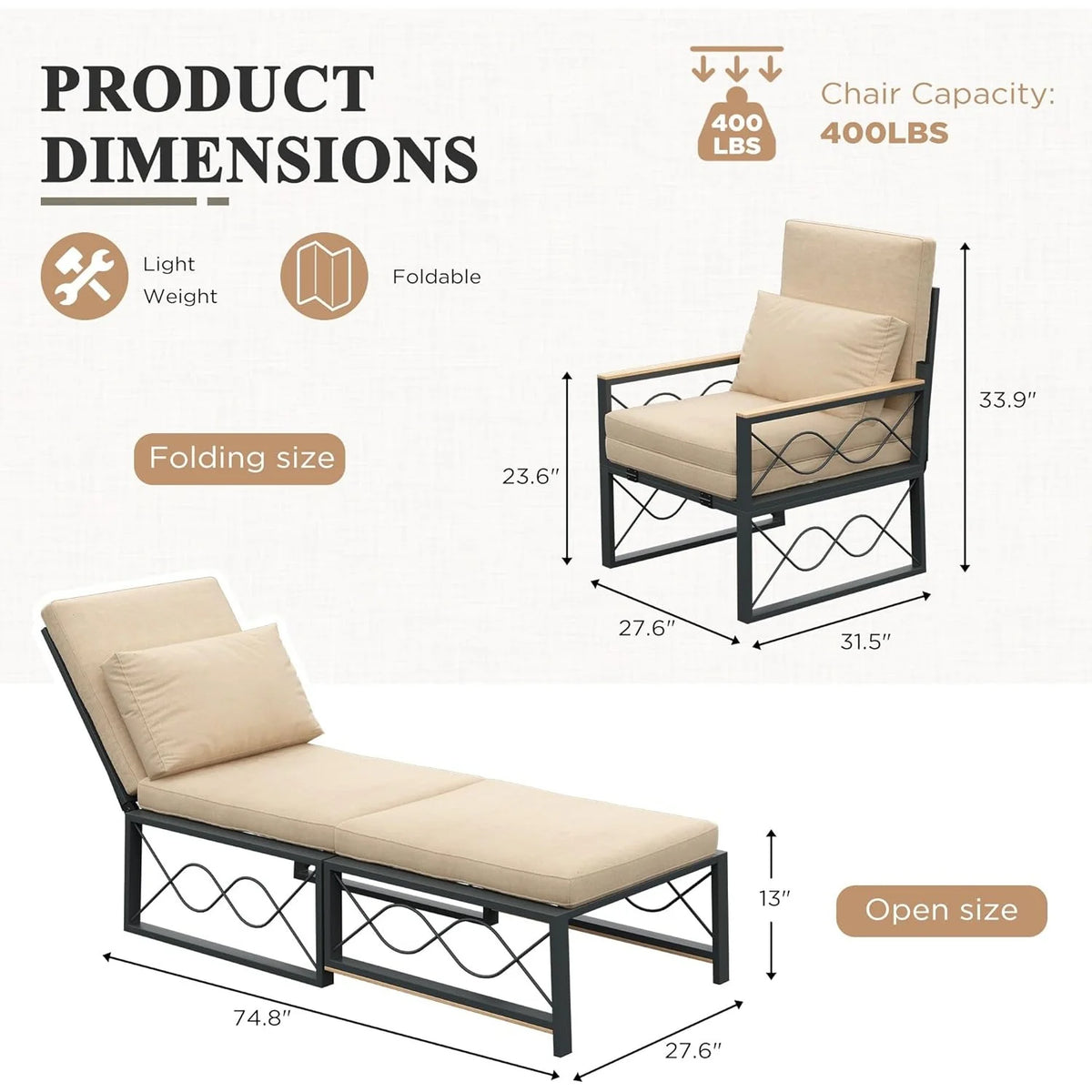 AECOJOY Outdoor Metal Chaise Lounge Chair, Convertible Patio Armchair with Cushions - Product image 9