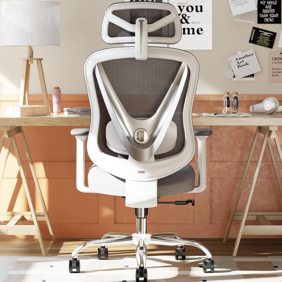 HOLLUDLE Ergonomic Office Chair with 3D Lumbar Support & Adjustable 3D Armrests – V-Back Design, Comfortable Office Chair for Office and Home, White