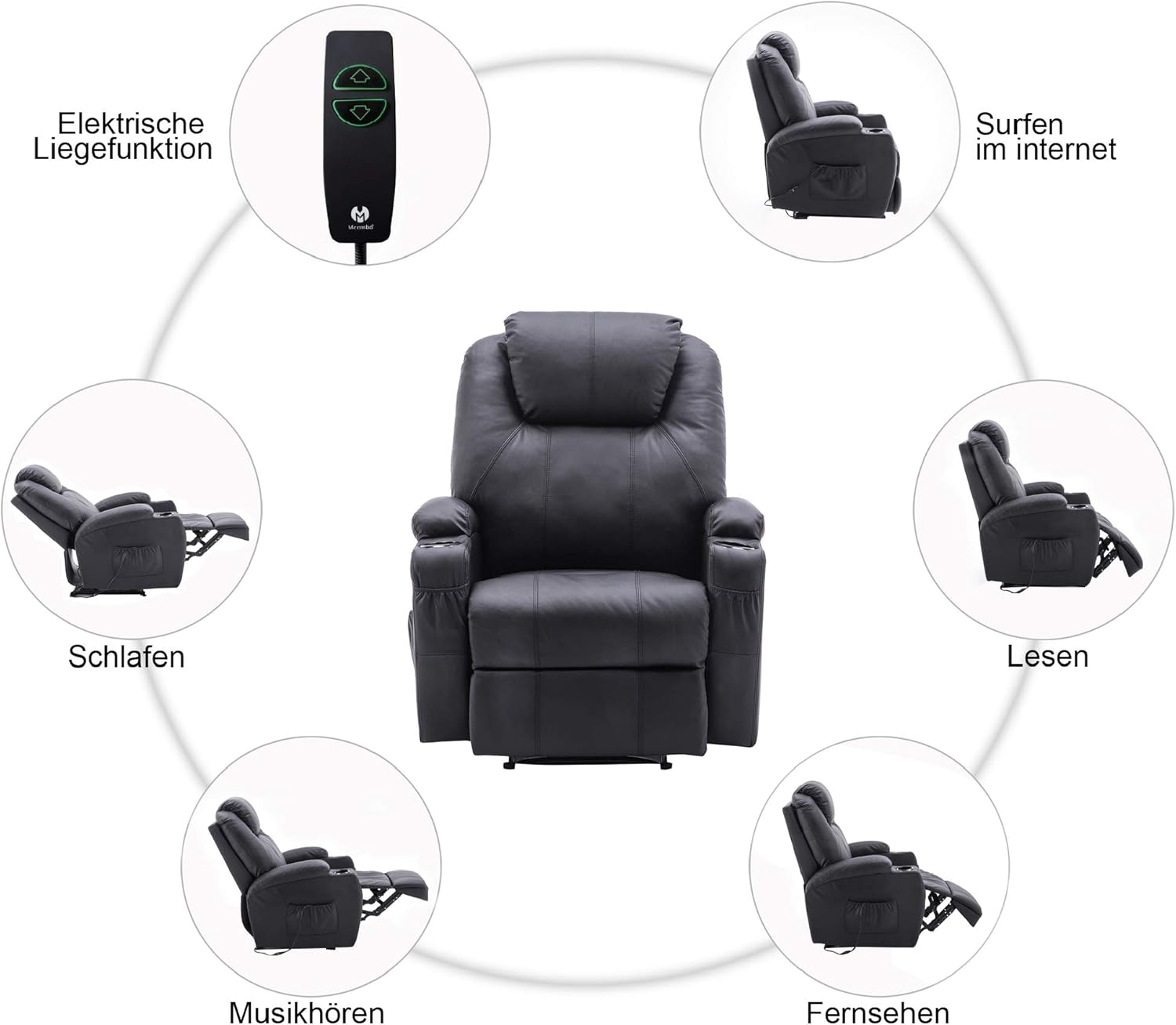 M MCombo Electric Relax Armchair Massage Armchair TV Armchair Reclining Function Vibration Heating 7061 New Model (Black Imitation Leather)