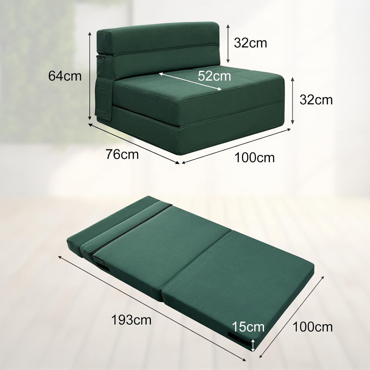 ANONER Convertible Floor Sofa 1 Seater Convertible Sofa, 1 Seater Memory Foam Sofa Bed & Pillow, Folding Sofa Mattress for Bedroom Living Room, Dark Green