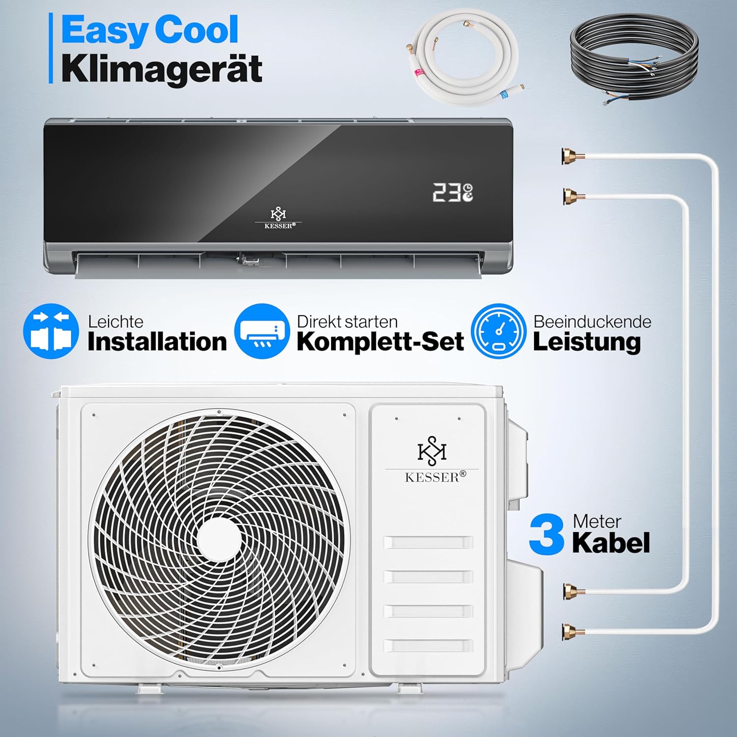 KESSER® Reversible Air Conditioning SET - Air Conditioner with WiFi/App Function - A++ Cooling/A+ Heating R32 Refrigerant - Split LCD Screen 9000 BTU/h / 2600 Watt - Anthracite