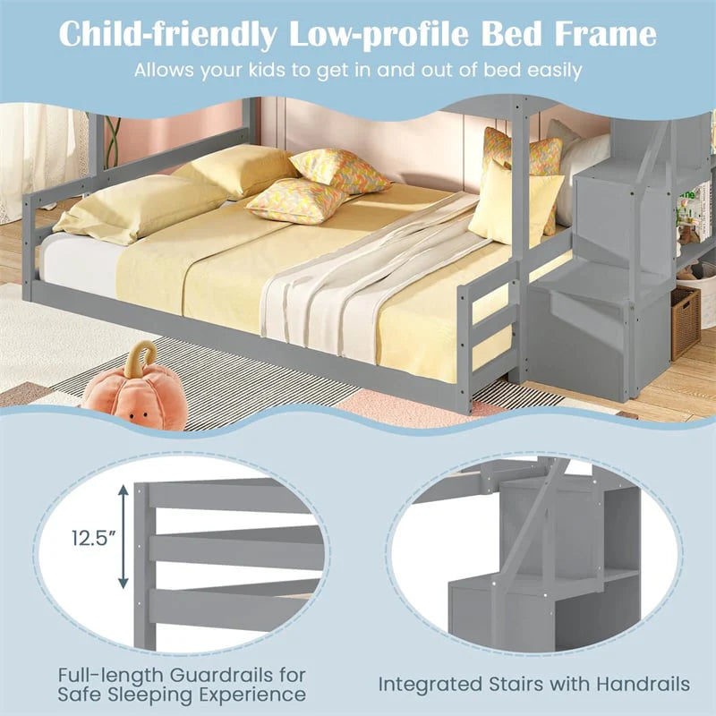 Twin Over Full Bunk Bed with Storage Stairs, Solid Wood Floor Bunk Bed with Full-Length Guardrails - Product image 15