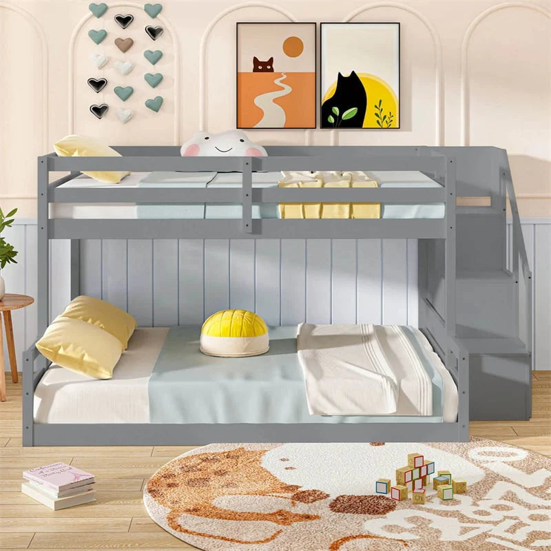 Twin Over Full Bunk Bed with Storage Stairs, Solid Wood Floor Bunk Bed with Full-Length Guardrails - Product image 13