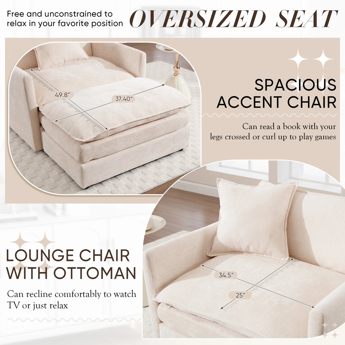 Muumblus Oversized Lounge Chair with Ottoman, Cloud Accent Armchair for Living Room, Beige Chenille - Product image 10