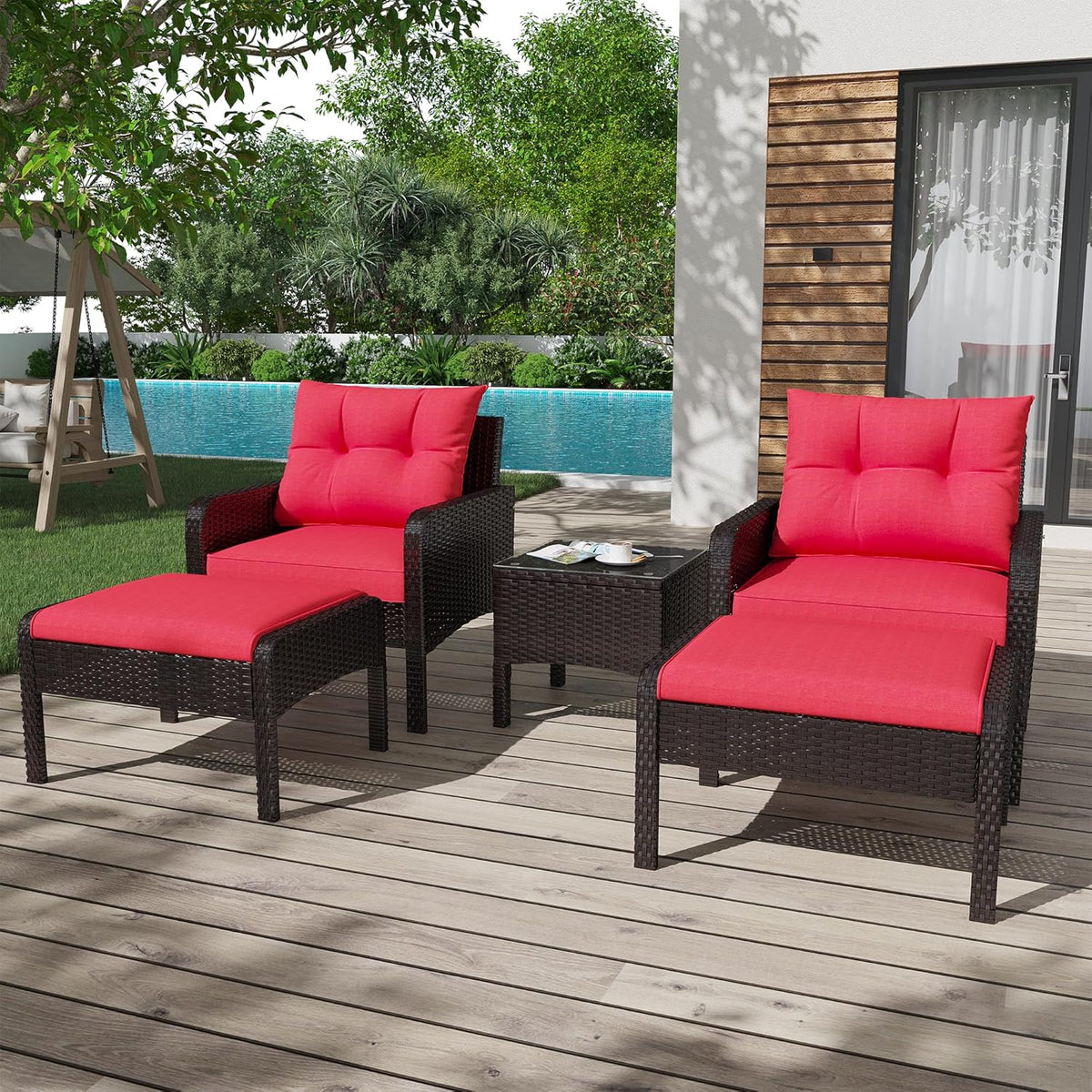 AECOJOY Outdoor 5 Pieces Patio Furniture Set, PE Rattan Wicker Chairs with Ottoman and Table, Brown/Red - Product image 5