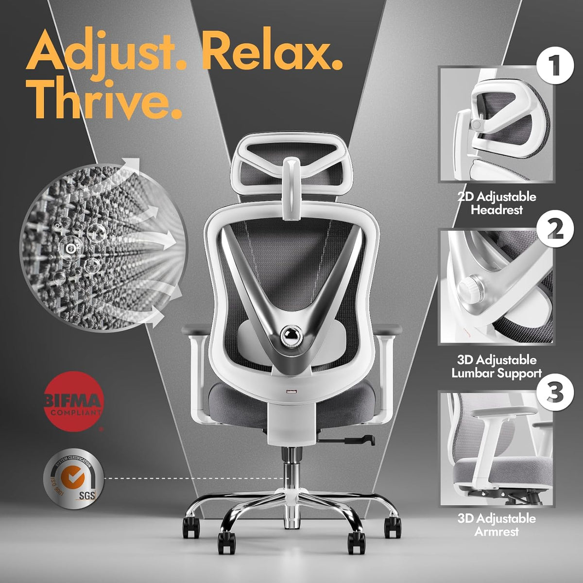 HOLLUDLE Ergonomic Office Chair with 3D Lumbar Support & Adjustable 3D Armrests – V-Back Design, Comfortable Office Chair for Office and Home, White