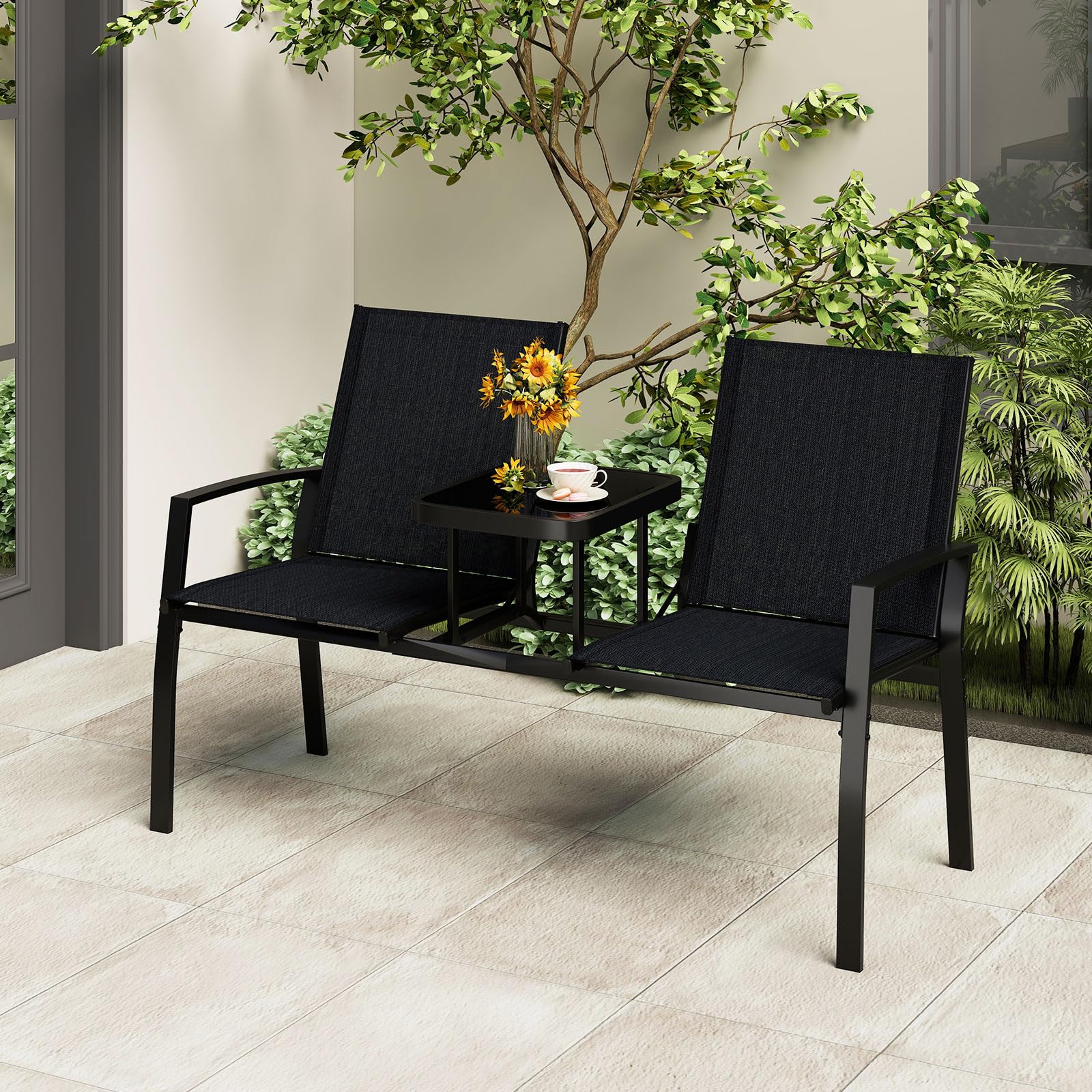 Tangkula Patio Loveseat with Built-in Table with Breathable Fabric Back - Product image 9