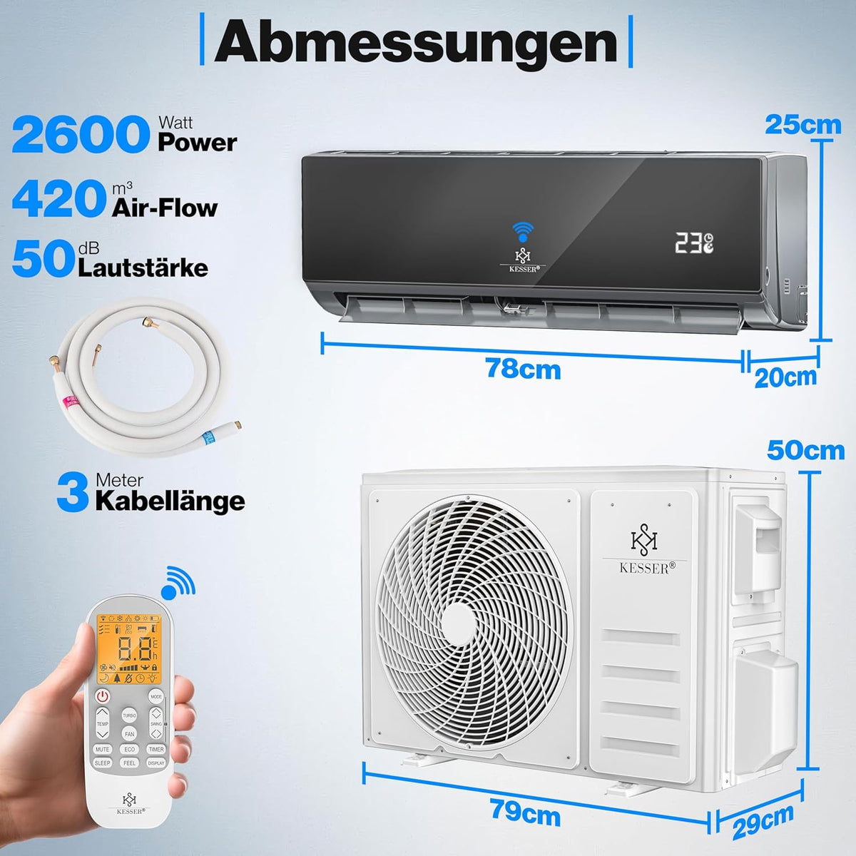 KESSER® Reversible Air Conditioning SET - Air Conditioner with WiFi/App Function - A++ Cooling/A+ Heating R32 Refrigerant - Split LCD Screen 9000 BTU/h / 2600 Watt - Anthracite