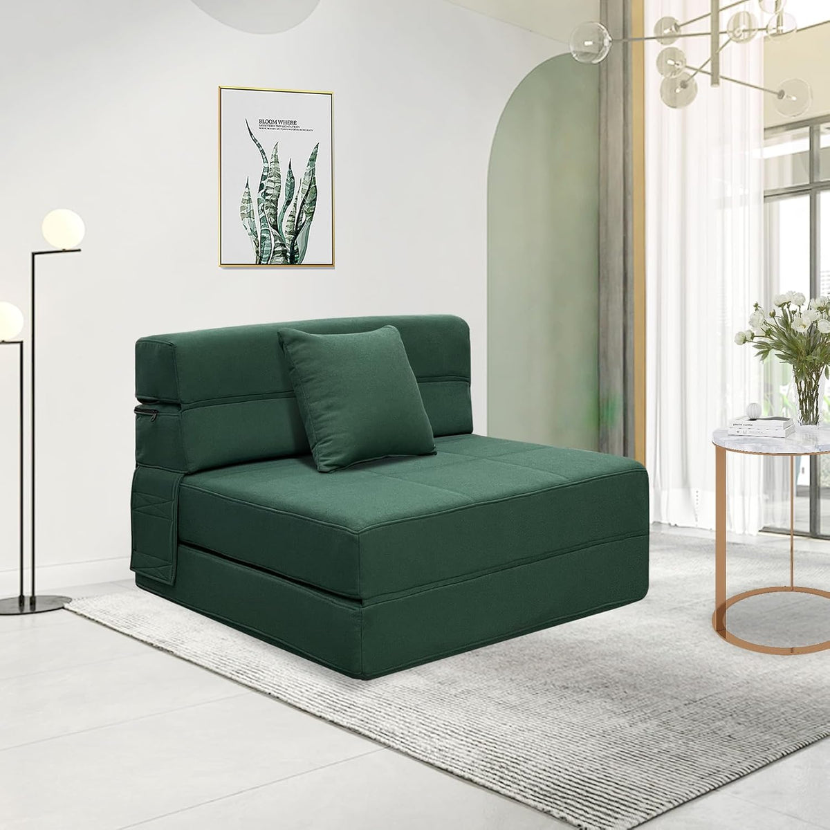 ANONER Convertible Floor Sofa 1 Seater Convertible Sofa, 1 Seater Memory Foam Sofa Bed & Pillow, Folding Sofa Mattress for Bedroom Living Room, Dark Green