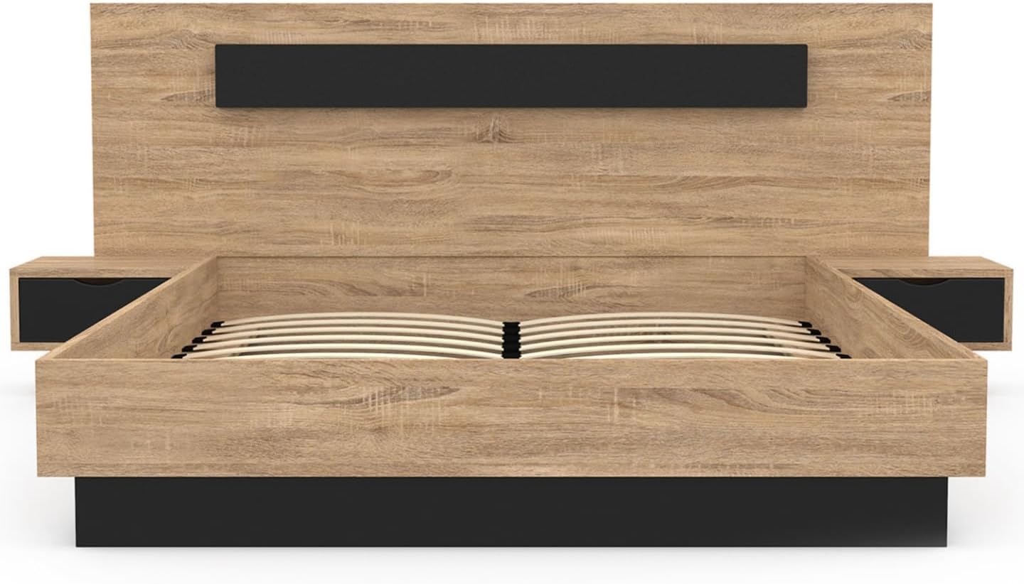 IDMarket - Santa Storage Bed with Integrated Bedside Tables and Box Spring 140x190cm Wood and Black Color