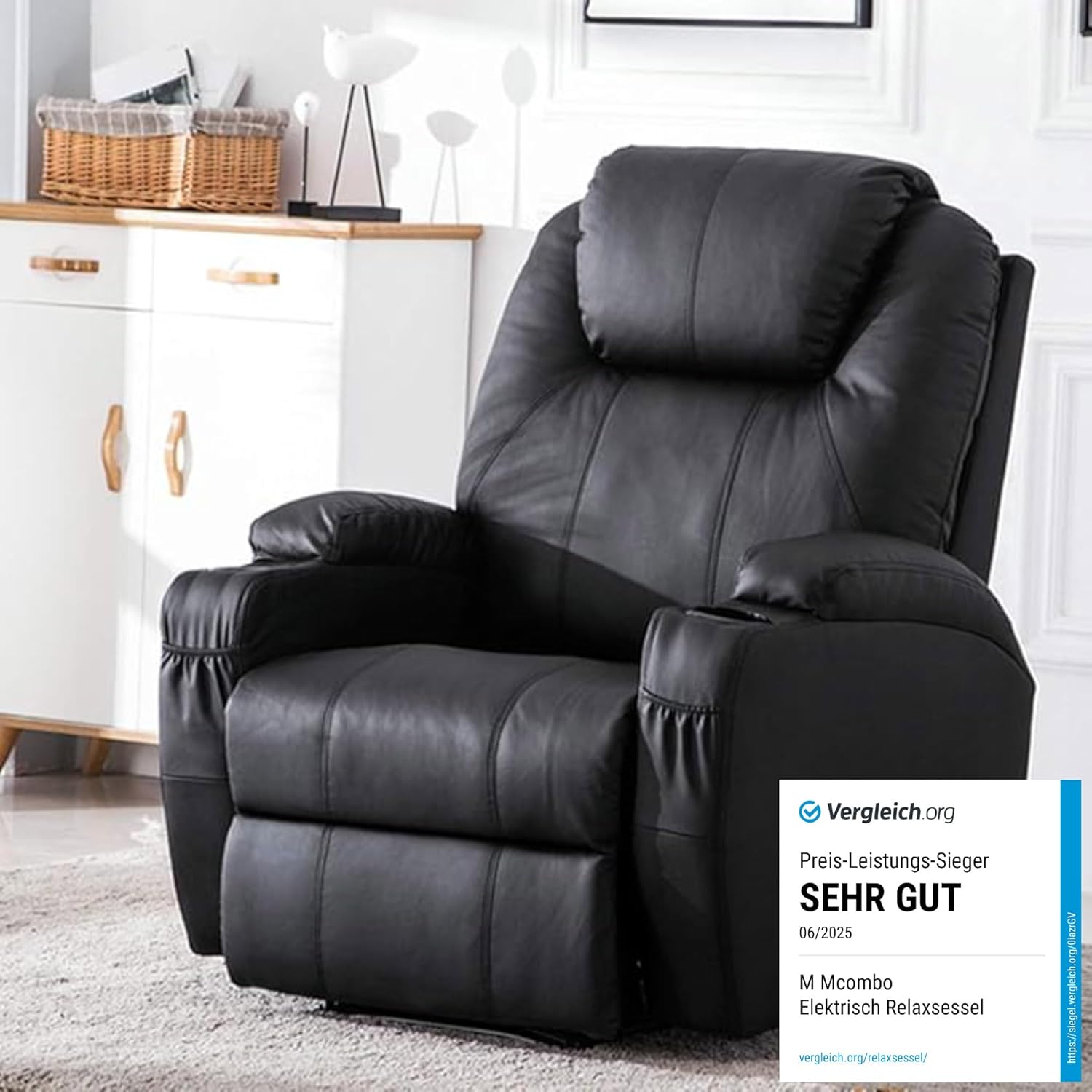 M MCombo Electric Relax Armchair Massage Armchair TV Armchair Reclining Function Vibration Heating 7061 New Model (Black Imitation Leather)