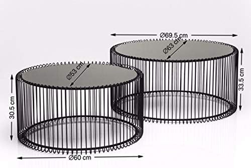 Kare Design Wire Coffee Tables, Set of 2, Black, Round, Steel, Glass Table Top, Diameter 70/60cm, Modern Style, Elegant, Living Room Coffee Table, Interior Decoration, Bedroom Decoration