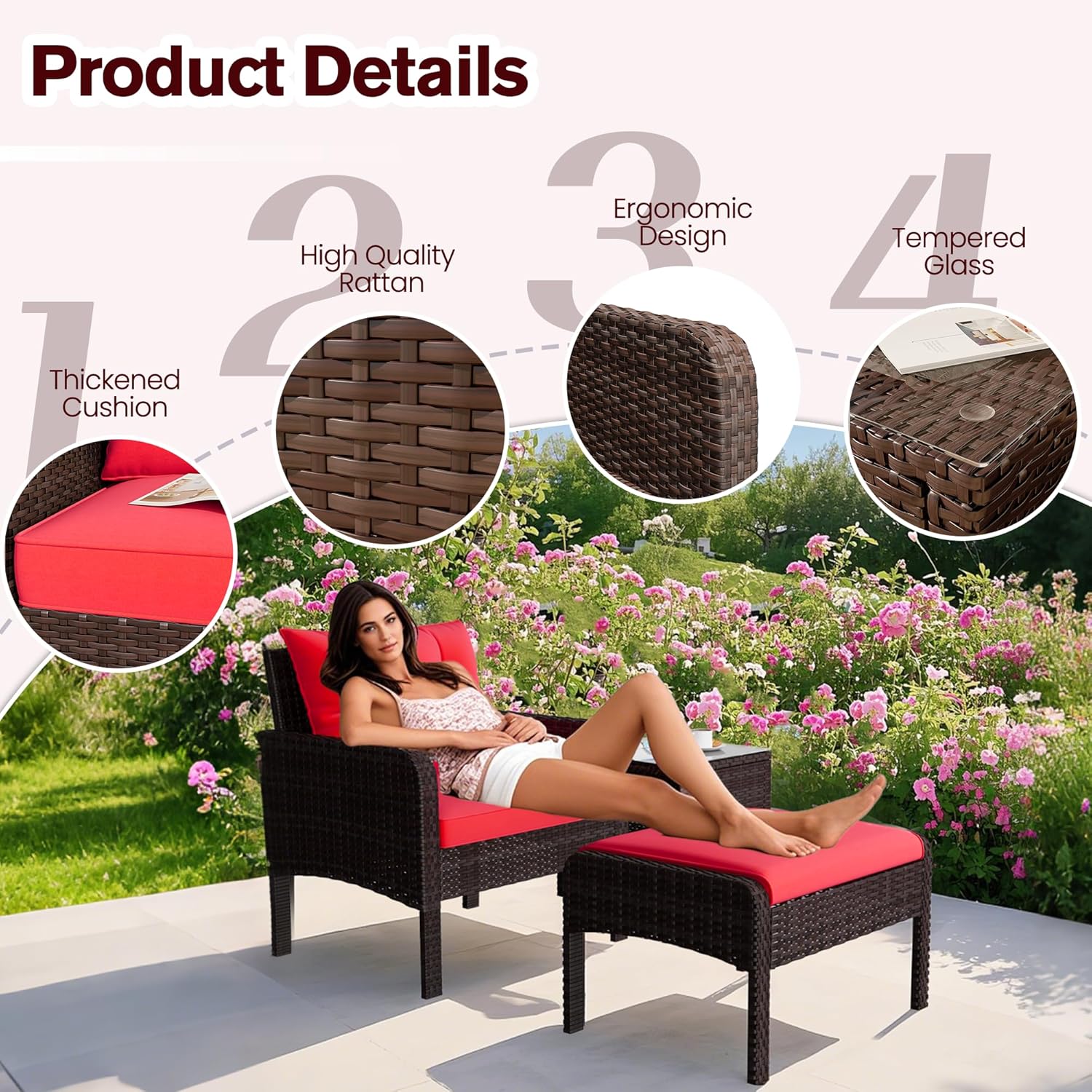 AECOJOY Outdoor 5 Pieces Patio Furniture Set, PE Rattan Wicker Chairs with Ottoman and Table, Brown/Red - Product image 6