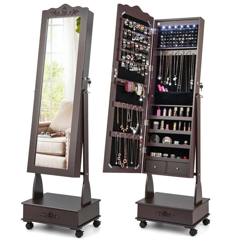 Standing Jewelry Armoire with Full-Length Mirror, Drawers, Lights & Wheels - Product image 1