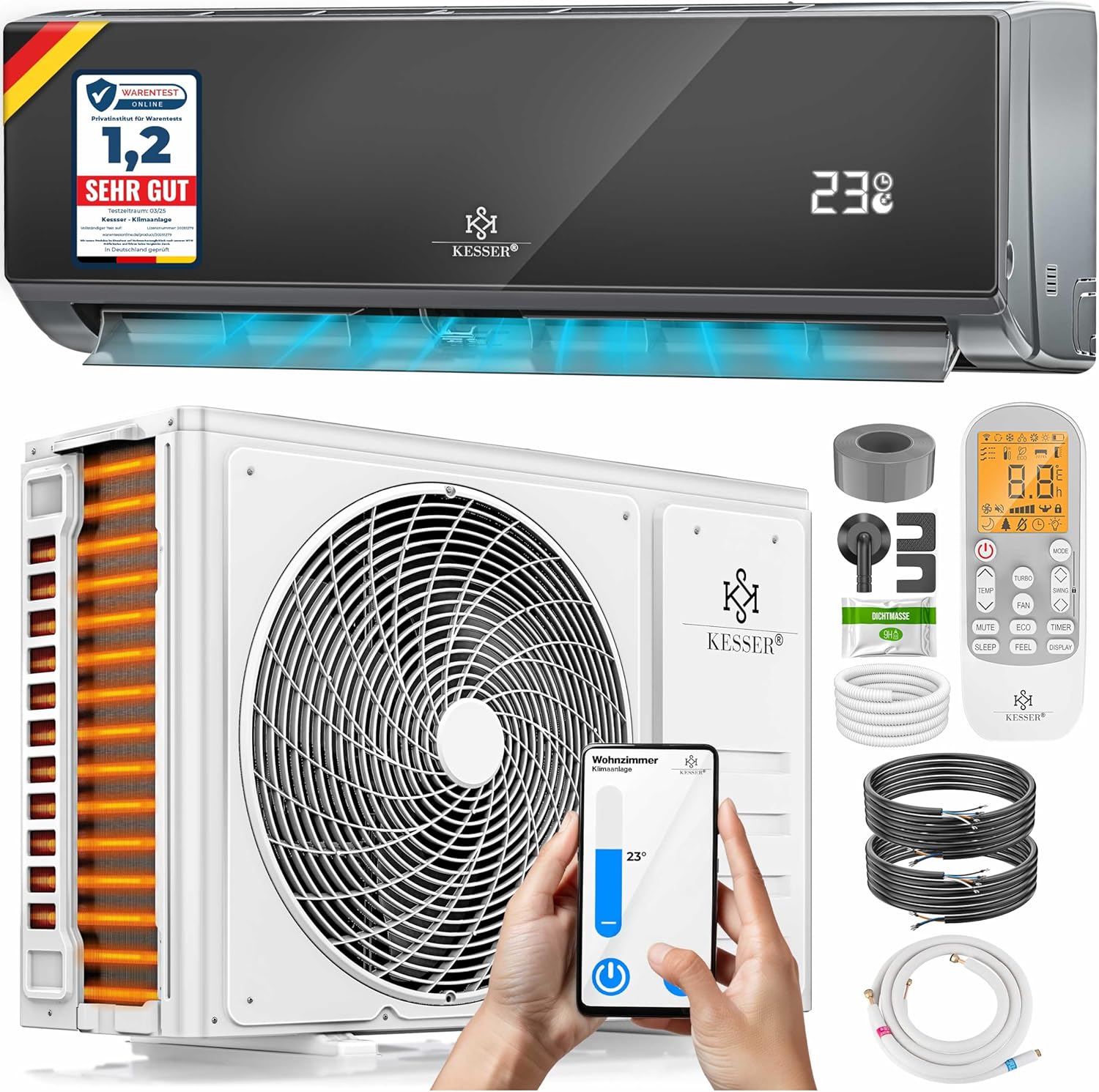 KESSER® Reversible Air Conditioning SET - Air Conditioner with WiFi/App Function - A++ Cooling/A+ Heating R32 Refrigerant - Split LCD Screen 9000 BTU/h / 2600 Watt - Anthracite