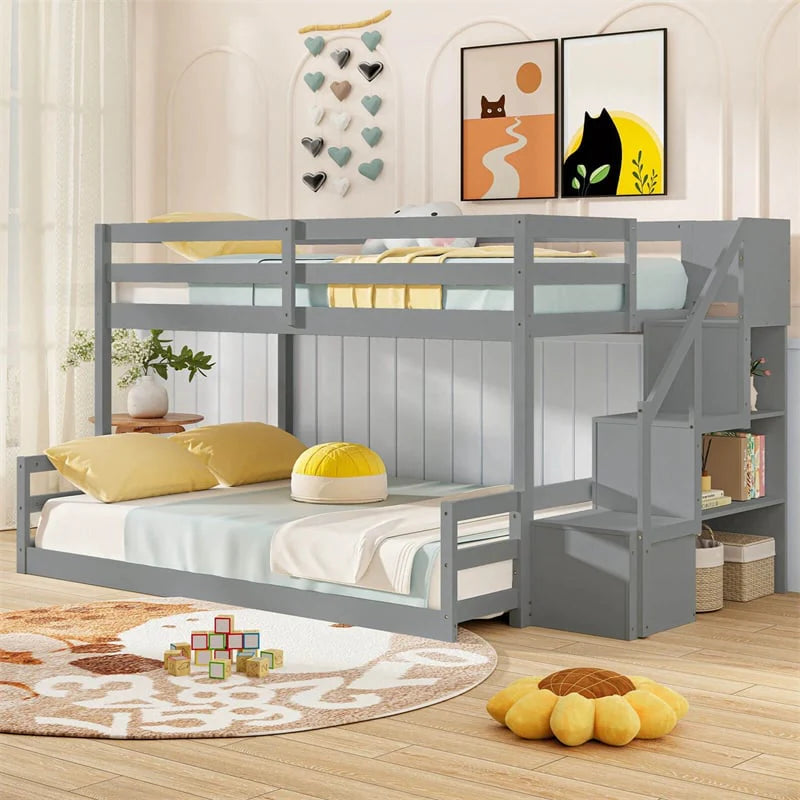 Twin Over Full Bunk Bed with Storage Stairs, Solid Wood Floor Bunk Bed with Full-Length Guardrails - Product image 19