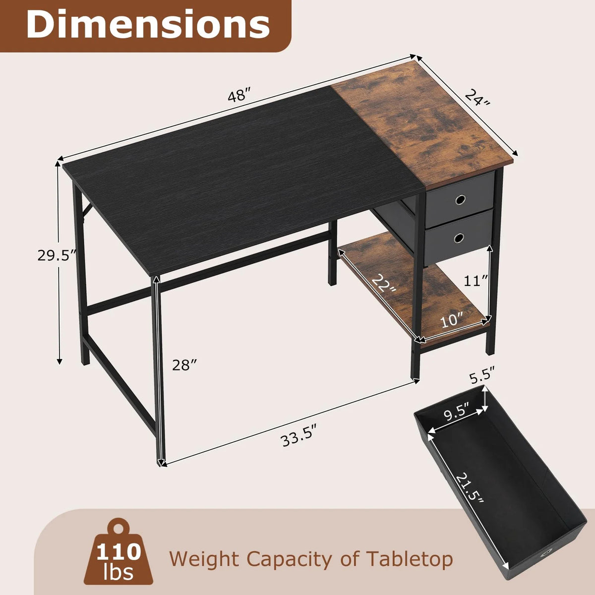Tangkula 48" Writing Desk with Spacious Tabletop for Home Office - Product image 3