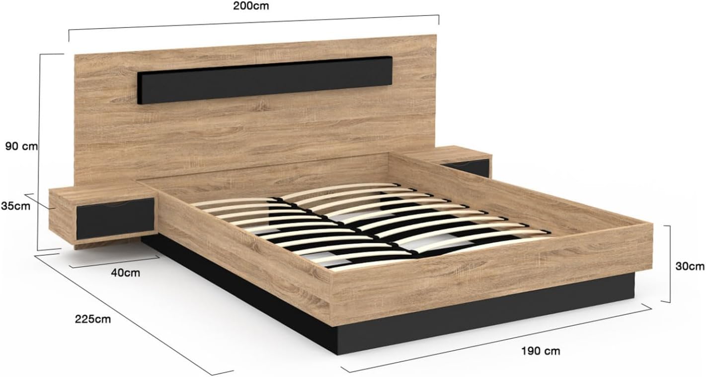 IDMarket - Santa Storage Bed with Integrated Bedside Tables and Box Spring 140x190cm Wood and Black Color
