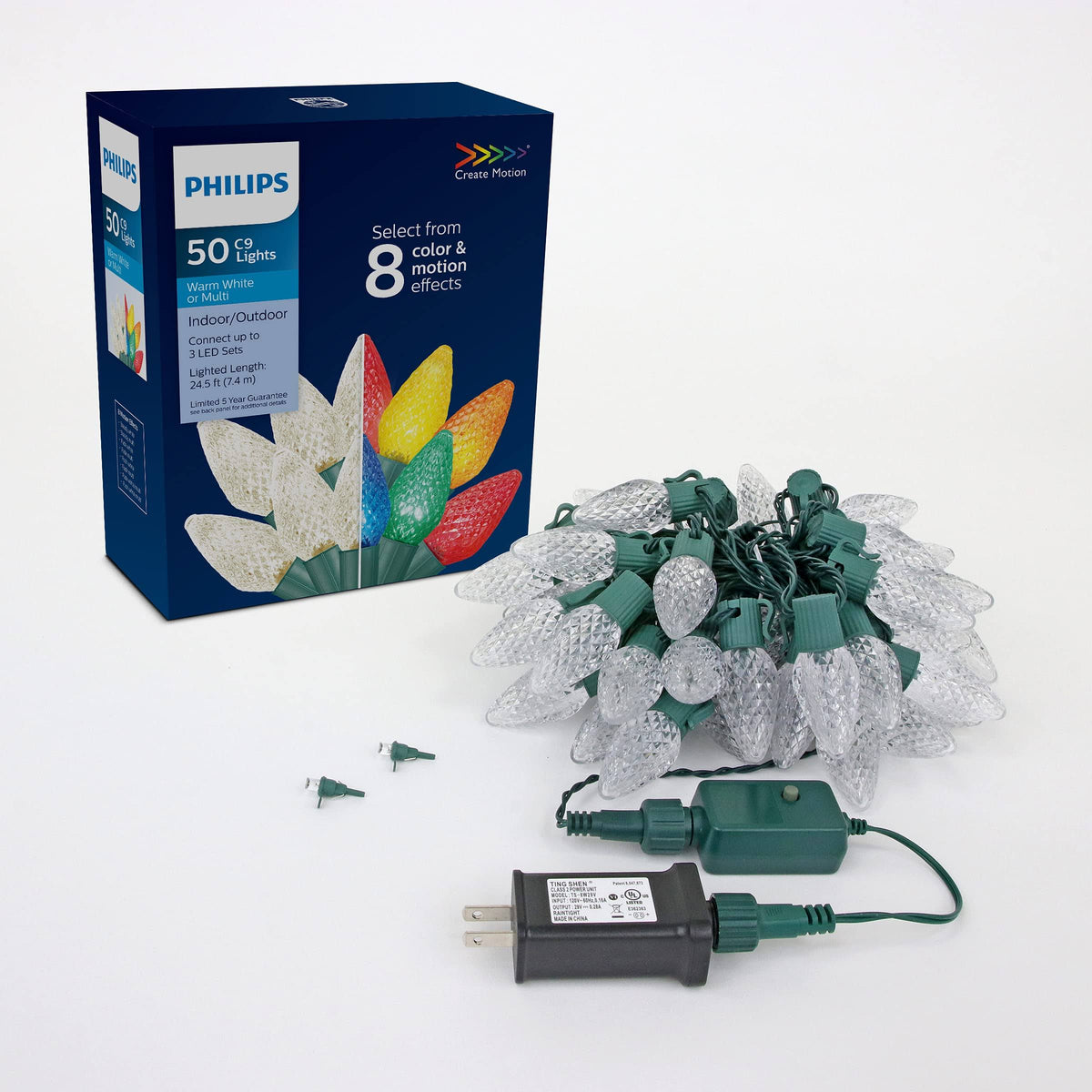 Philips 50 LED 8 Function Bicolor Faceted C9 Christmas Lights on Green Wire - Product image 1