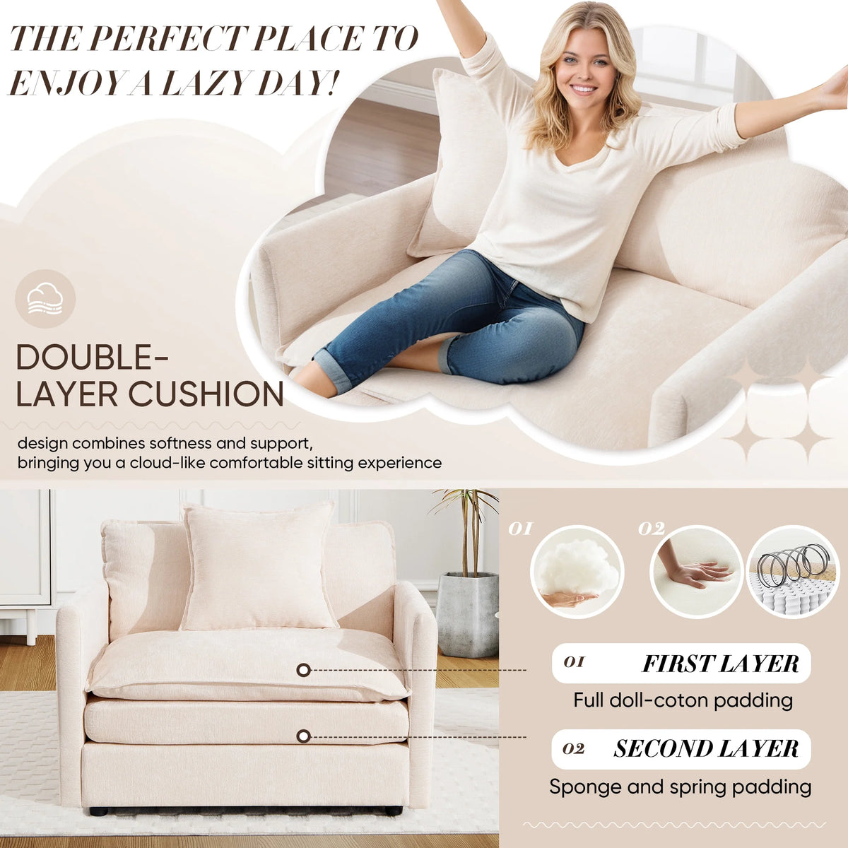 Muumblus Oversized Lounge Chair with Ottoman, Cloud Accent Armchair for Living Room, Beige Chenille - Product image 12