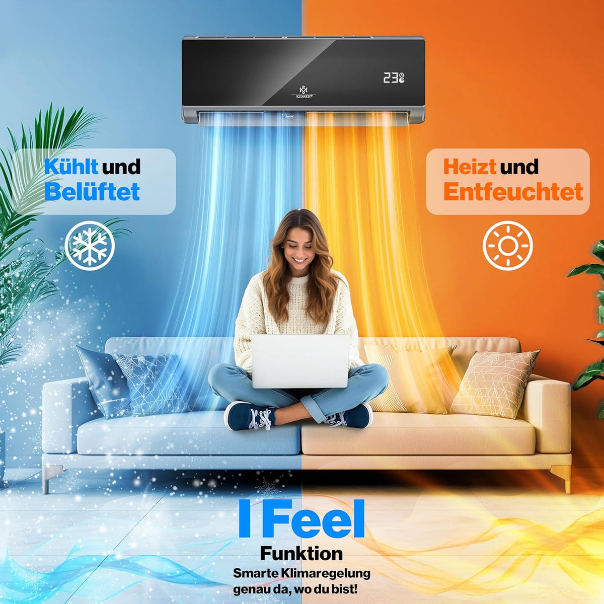 KESSER® Reversible Air Conditioning SET - Air Conditioner with WiFi/App Function - A++ Cooling/A+ Heating R32 Refrigerant - Split LCD Screen 9000 BTU/h / 2600 Watt - Anthracite
