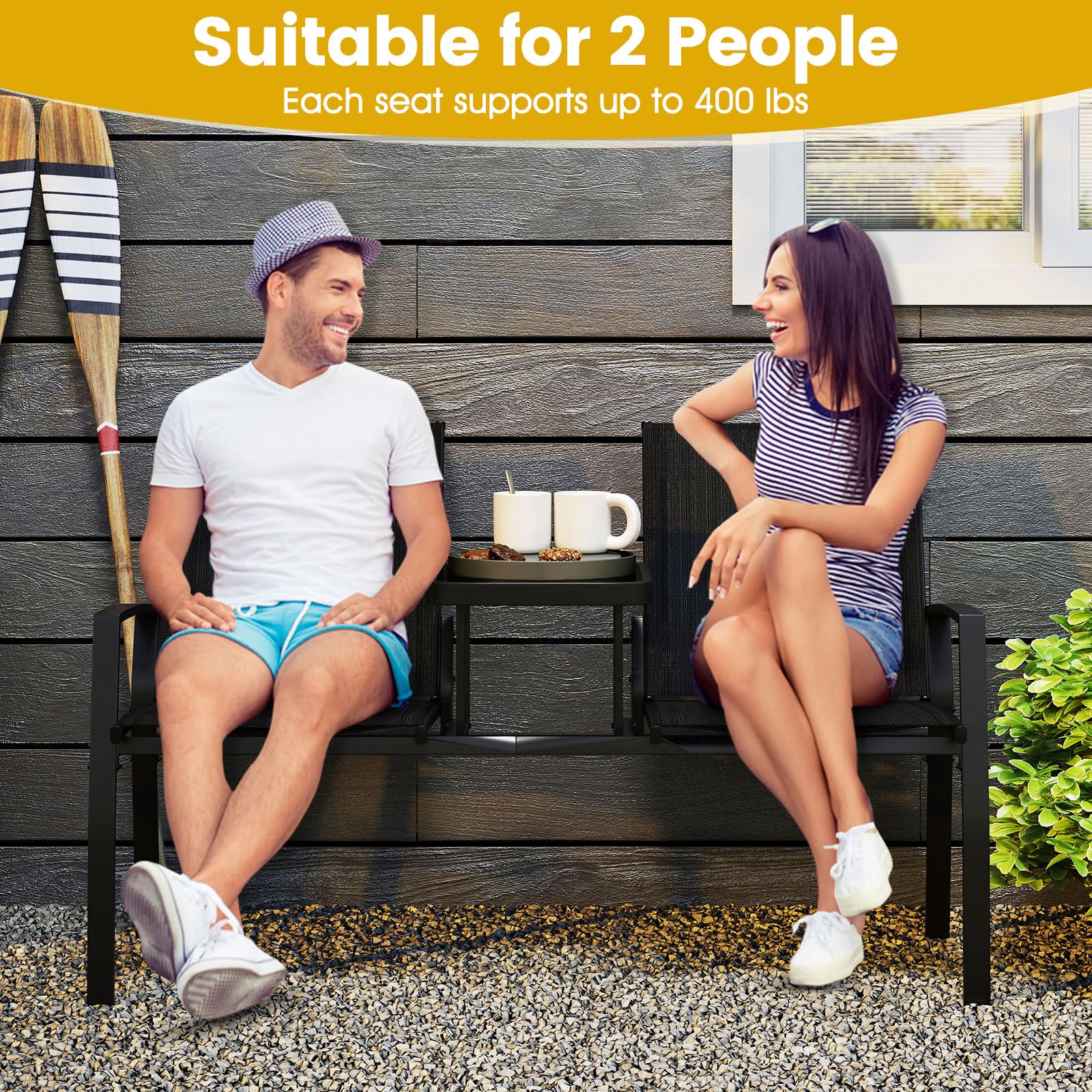 Tangkula Patio Loveseat with Built-in Table with Breathable Fabric Back - Product image 5