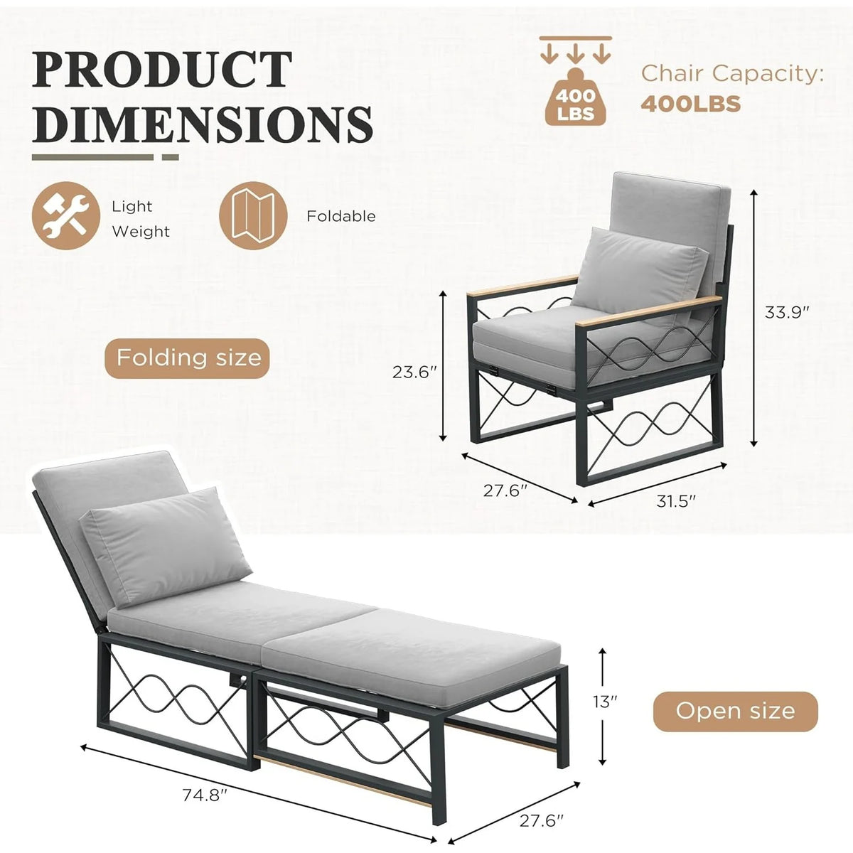 AECOJOY Outdoor Metal Chaise Lounge Chair, Convertible Patio Armchair with Cushions - Product image 2