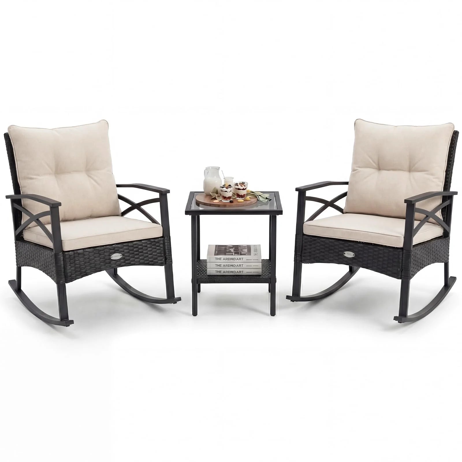 Tangkula 3 Pieces Outdoor Rocking Chairs Set Rattan Heavy Duty Cushioned Rocker Chairs - Product image 3