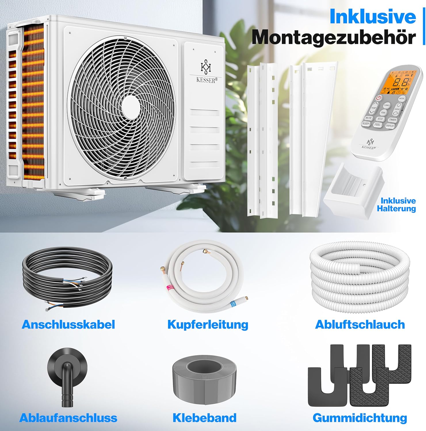 KESSER® Reversible Air Conditioning SET - Air Conditioner with WiFi/App Function - A++ Cooling/A+ Heating R32 Refrigerant - Split LCD Screen 9000 BTU/h / 2600 Watt - Anthracite