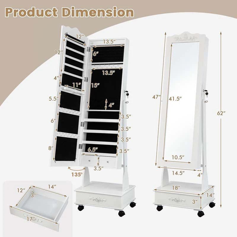 Standing Jewelry Armoire with Full-Length Mirror, Drawers, Lights & Wheels - Product image 16