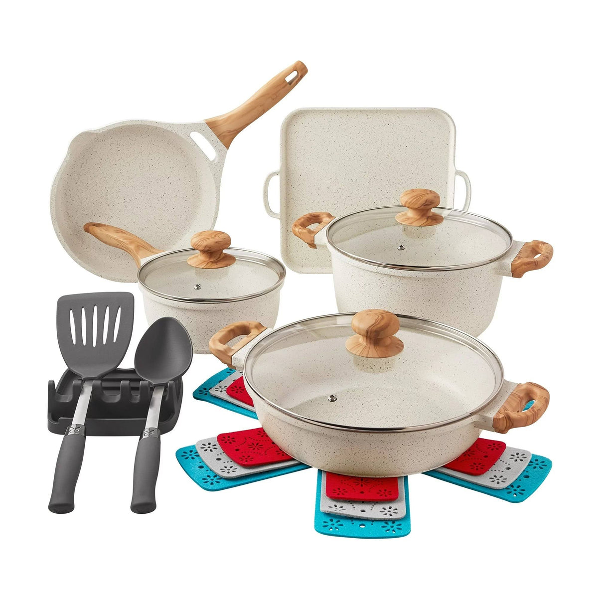 The Pioneer Woman PWS342769314343 Prairie Signature 14-Piece Cast Aluminum Cookware Set - Linen Speckle - Product image 1