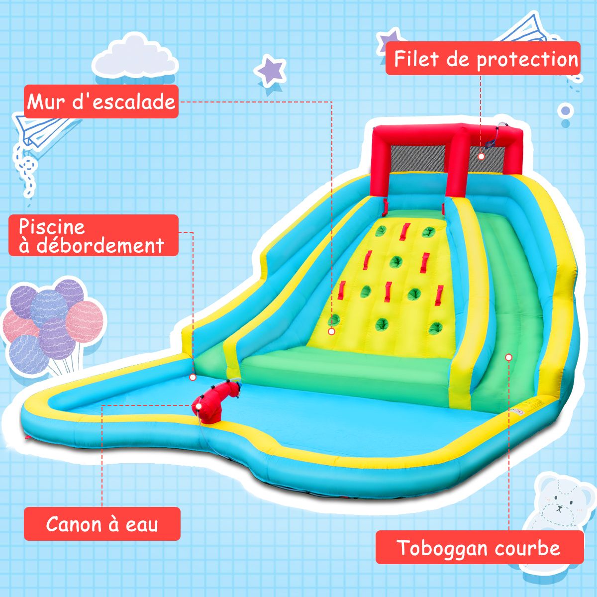 5 in 1 Inflatable Water Slide with Paddling Pool Inflatable Playground in Oxford with Climbing Wall Load 150kg for 3-10 Years (Without Blower) -