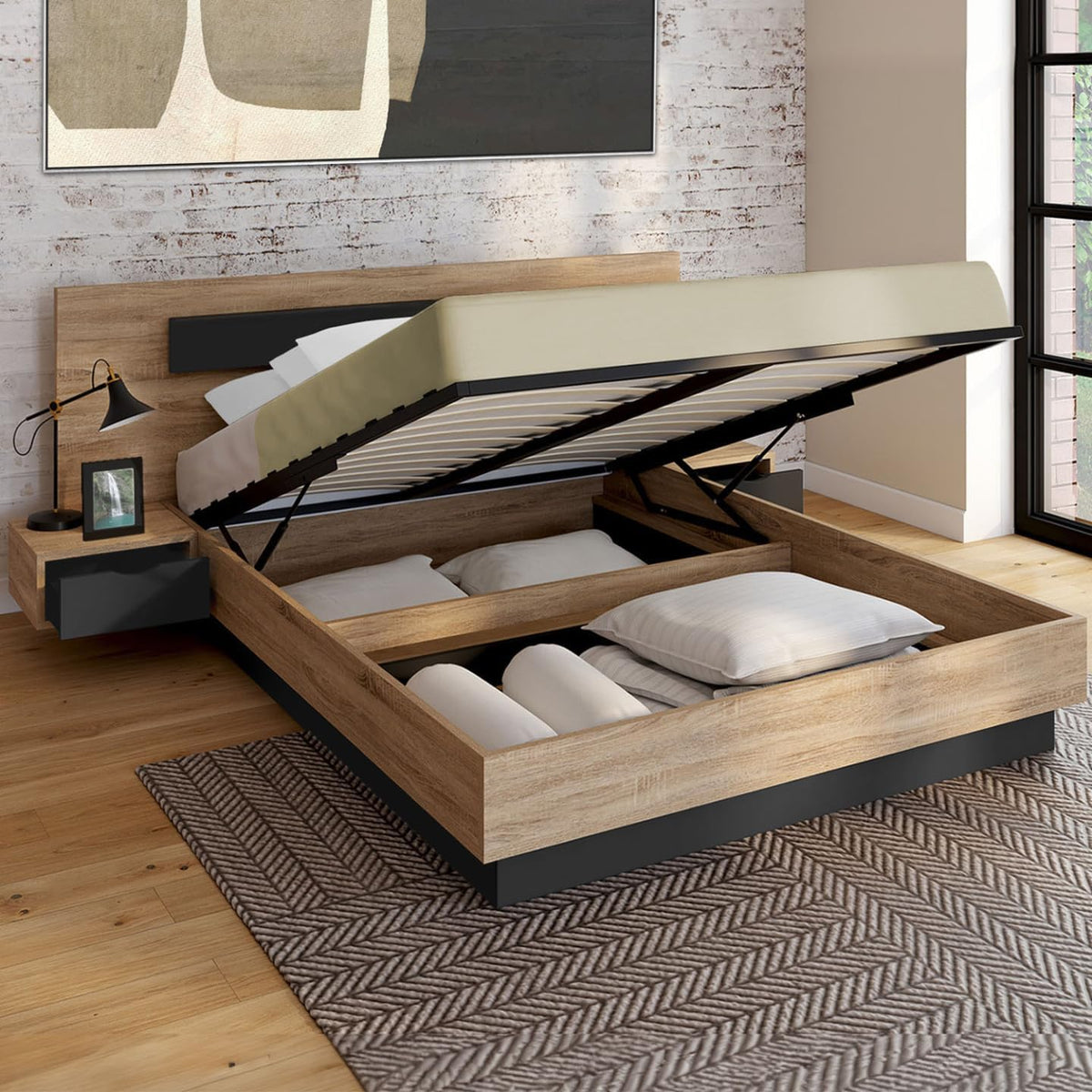 IDMarket - Santa Storage Bed with Integrated Bedside Tables and Box Spring 140x190cm Wood and Black Color