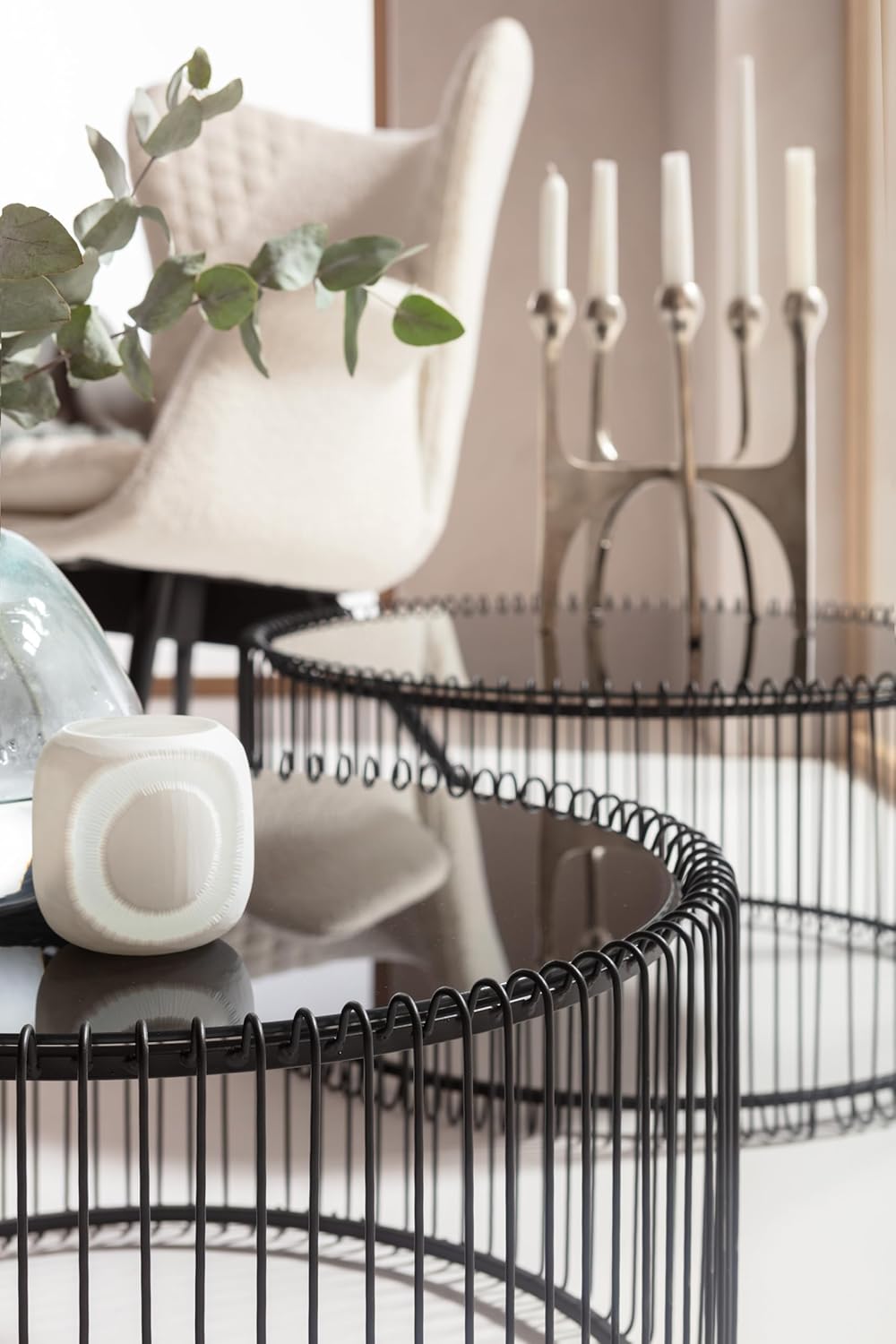 Kare Design Wire Coffee Tables, Set of 2, Black, Round, Steel, Glass Table Top, Diameter 70/60cm, Modern Style, Elegant, Living Room Coffee Table, Interior Decoration, Bedroom Decoration