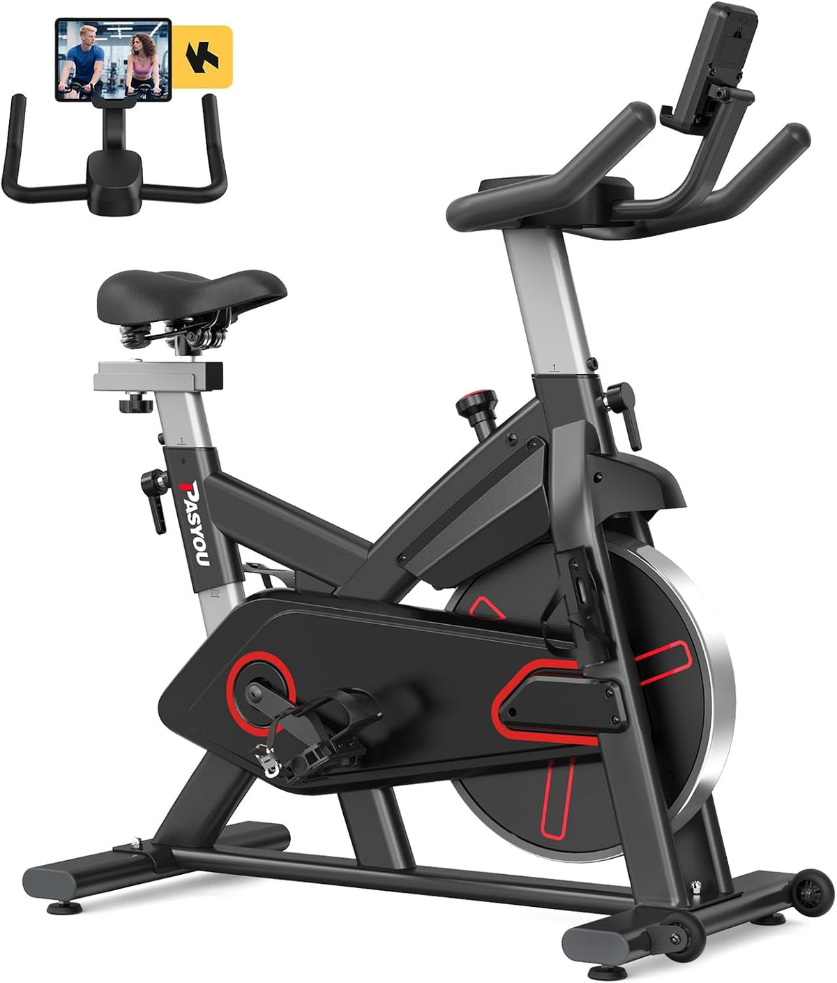 Pasyou Exercise Bike with Magnetic Resistance, Fitness Bike, Indoor Cardio Workout Spinning Bike, Home Stationary with Monitor, Tablet Holder