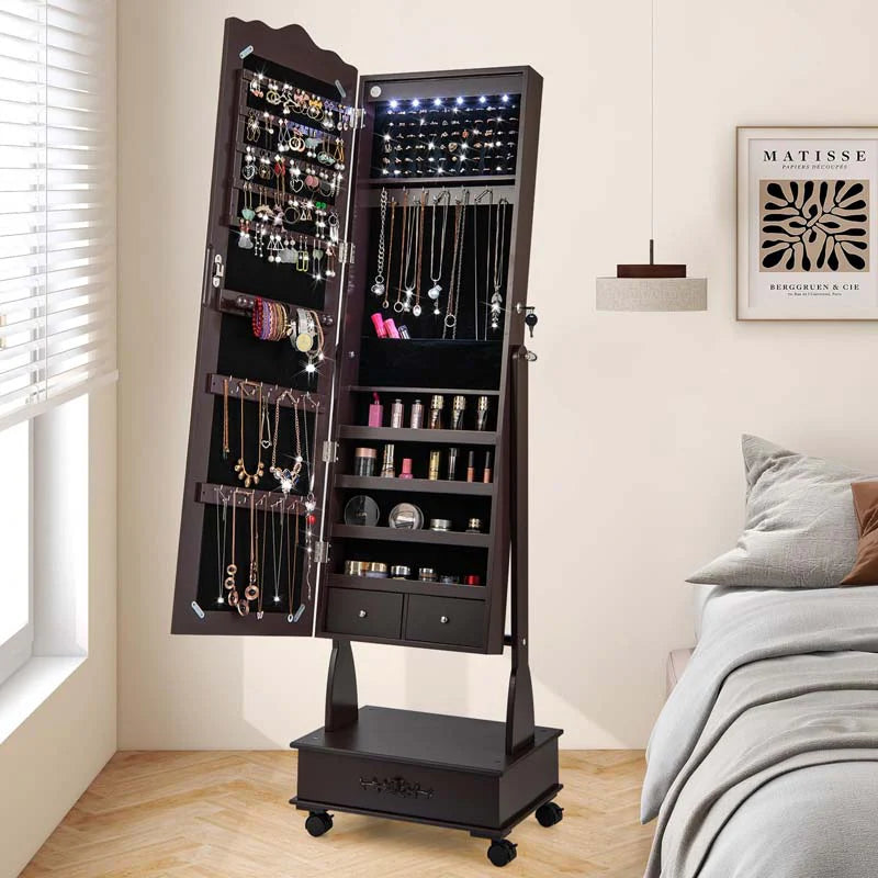 Standing Jewelry Armoire with Full-Length Mirror, Drawers, Lights & Wheels - Product image 3