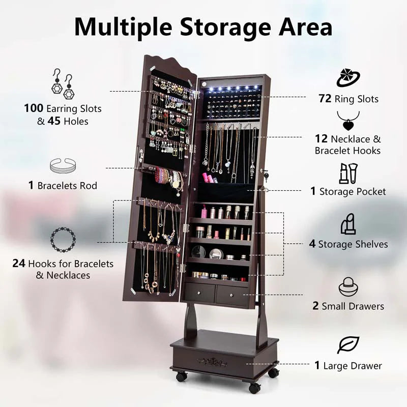 Standing Jewelry Armoire with Full-Length Mirror, Drawers, Lights & Wheels - Product image 6