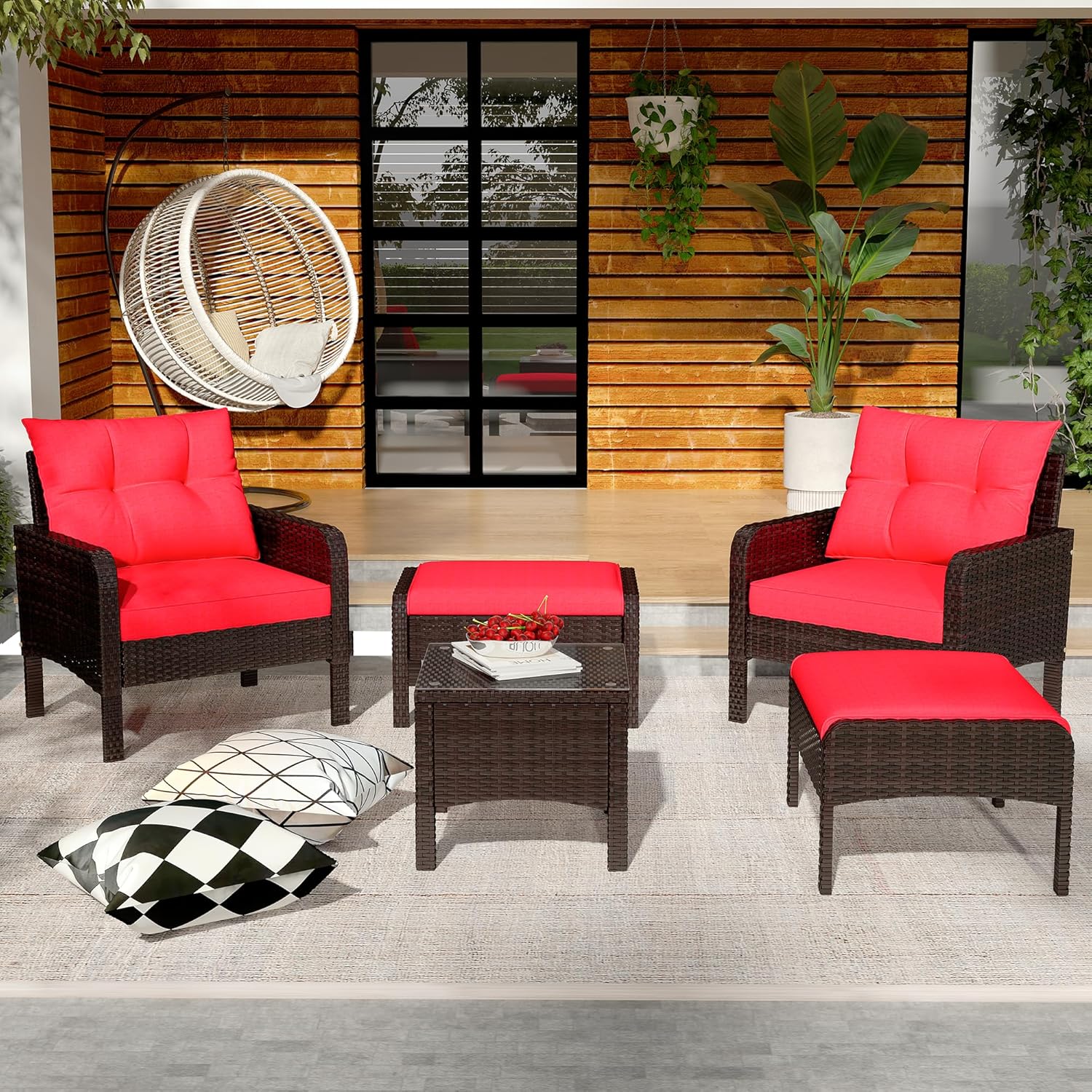AECOJOY Outdoor 5 Pieces Patio Furniture Set, PE Rattan Wicker Chairs with Ottoman and Table, Brown/Red - Product image 2