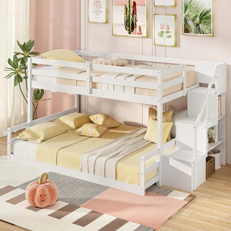 Twin Over Full Bunk Bed with Storage Stairs, Solid Wood Floor Bunk Bed with Full-Length Guardrails - Product image 3
