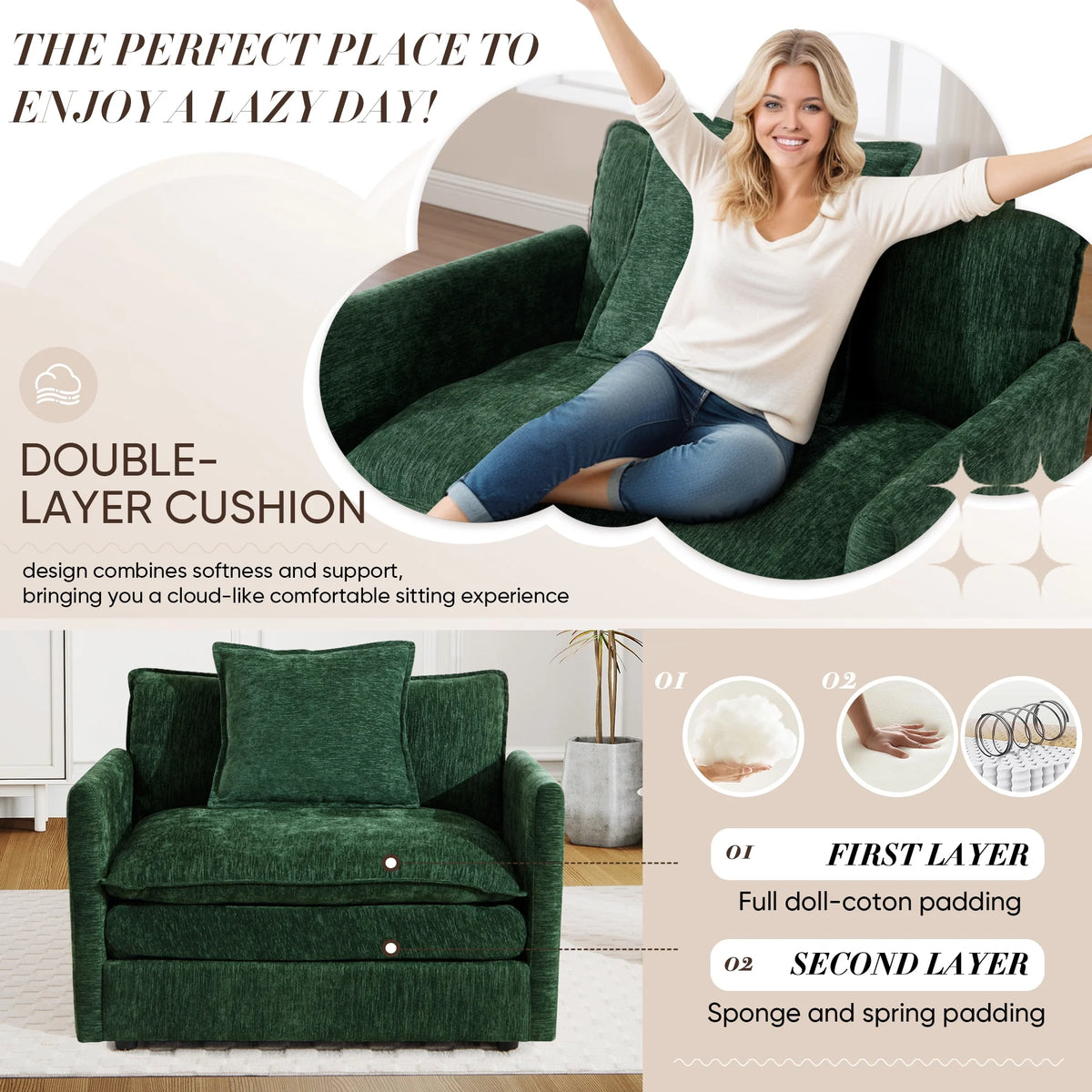 Muumblus Oversized Lounge Chair with Ottoman, Cloud Accent Armchair for Living Room, Beige Chenille - Product image 23