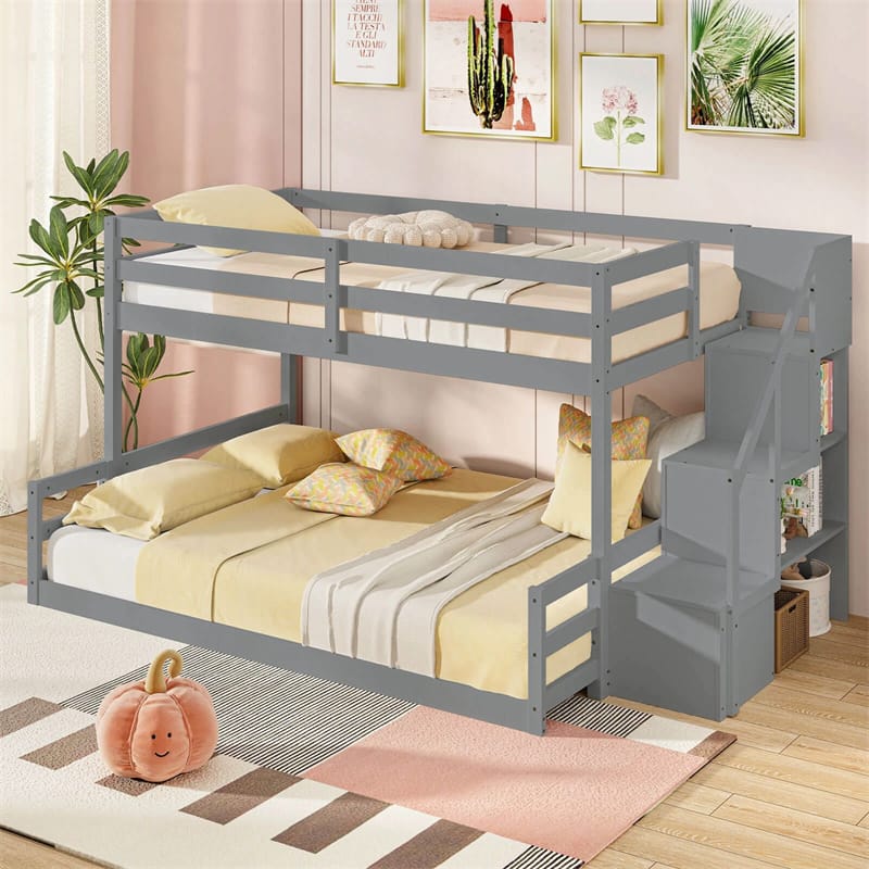 Twin Over Full Bunk Bed with Storage Stairs, Solid Wood Floor Bunk Bed with Full-Length Guardrails - Product image 11