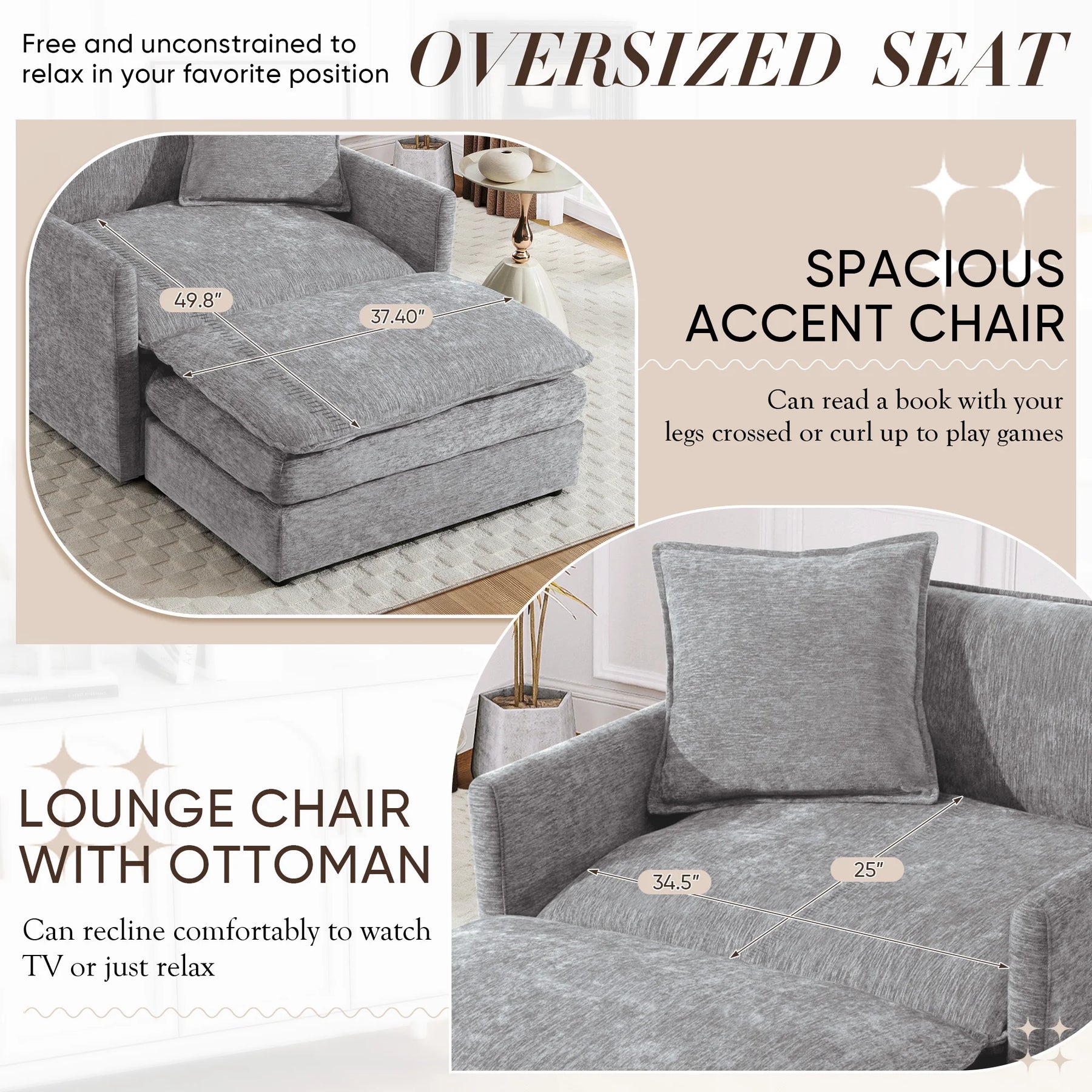 Muumblus Oversized Lounge Chair with Ottoman, Cloud Accent Armchair for Living Room, Beige Chenille - Product image 46