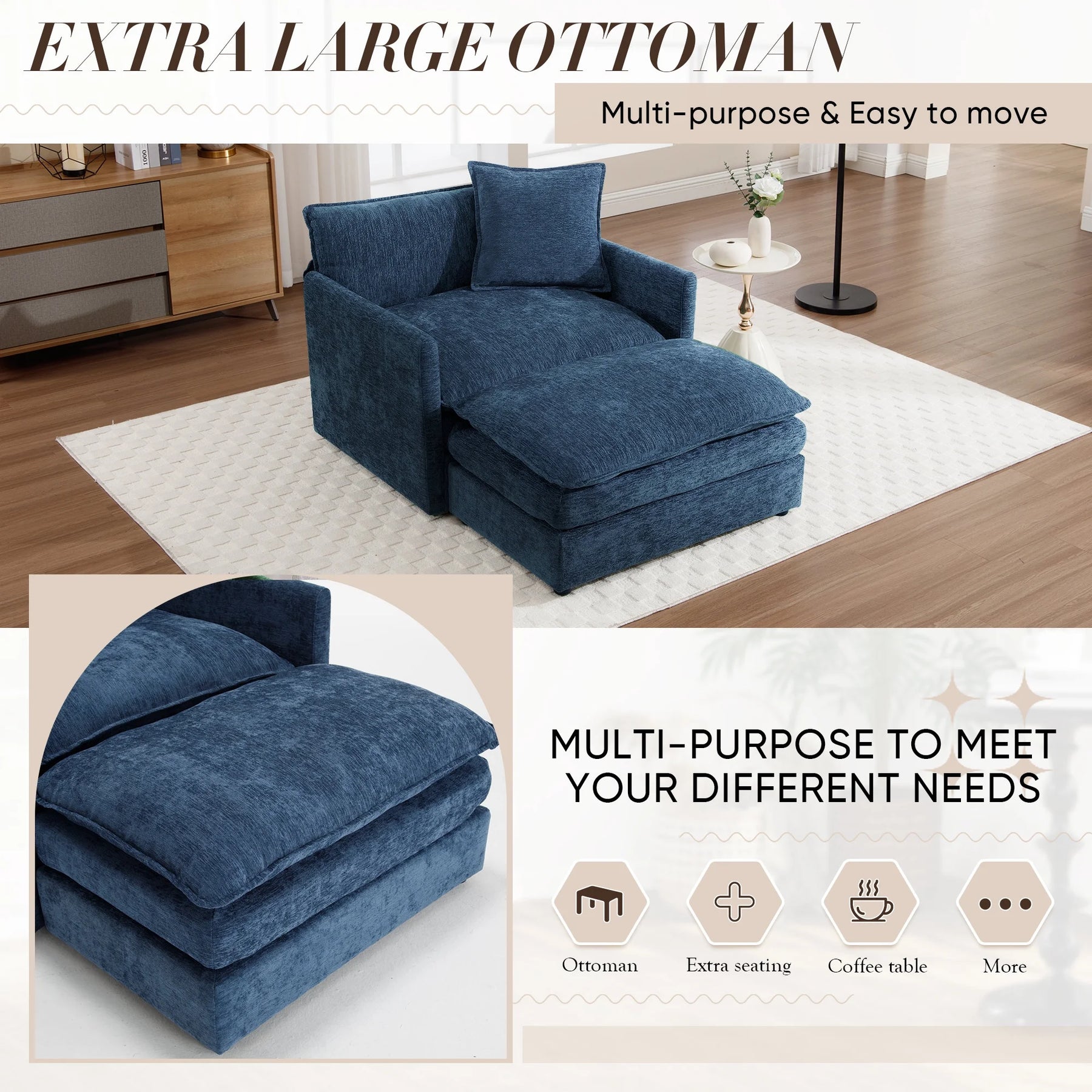 Muumblus Oversized Lounge Chair with Ottoman, Cloud Accent Armchair for Living Room, Beige Chenille - Product image 41