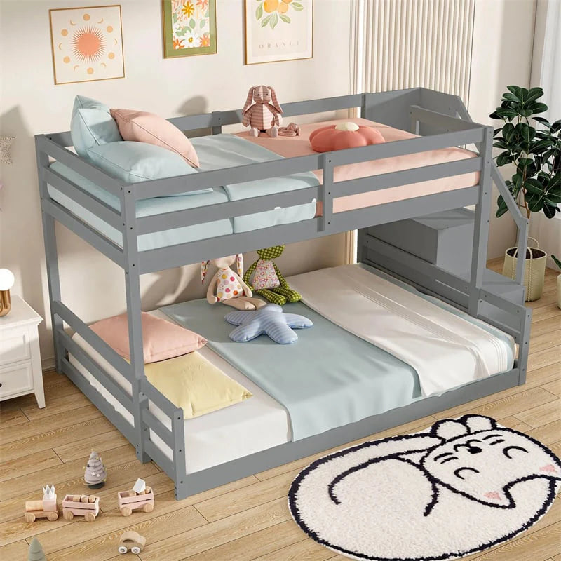 Twin Over Full Bunk Bed with Storage Stairs, Solid Wood Floor Bunk Bed with Full-Length Guardrails - Product image 10