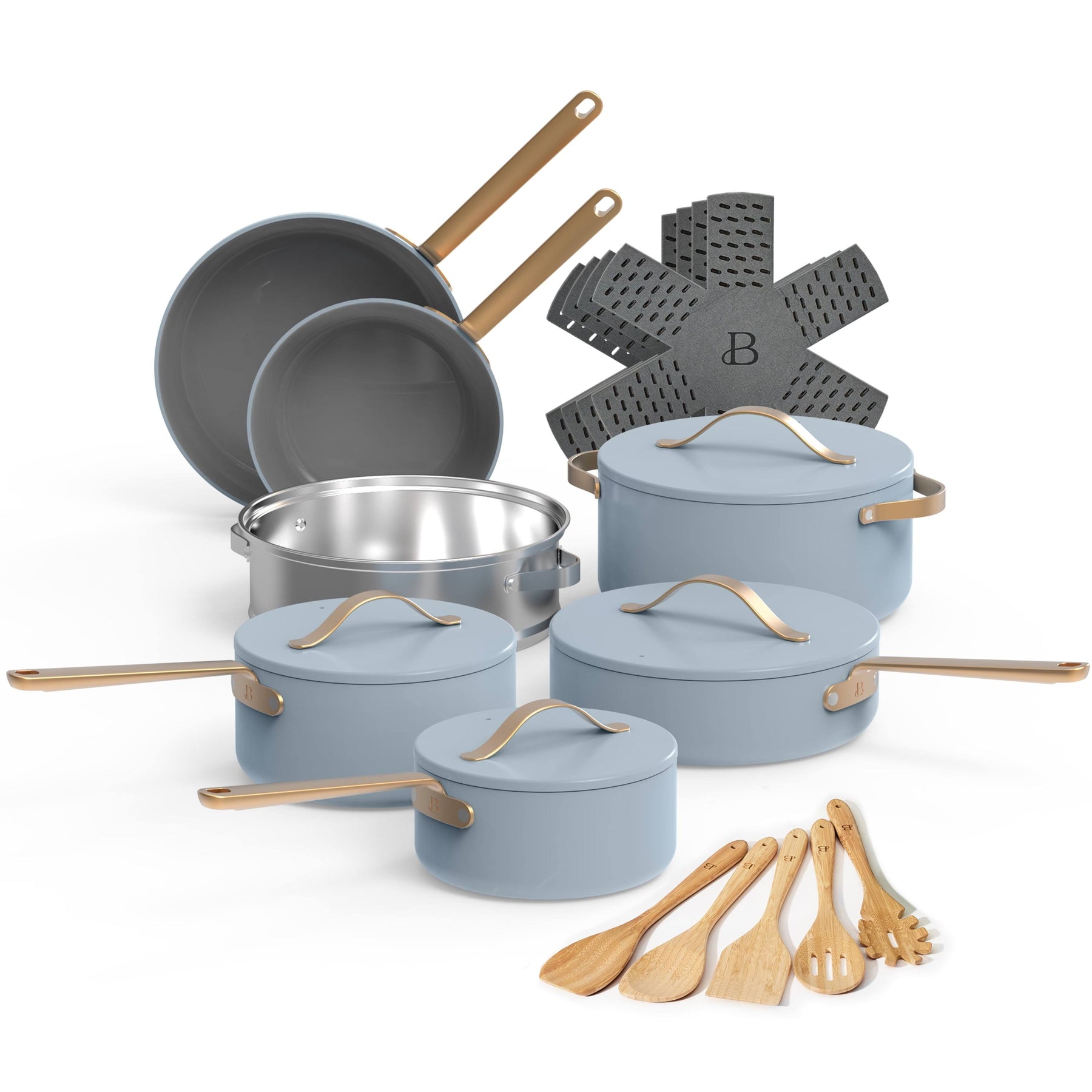 Beautiful 20pc Ceramic Non-Stick Cookware Set, Cornflower Blue by Drew Barrymore - Product image 1