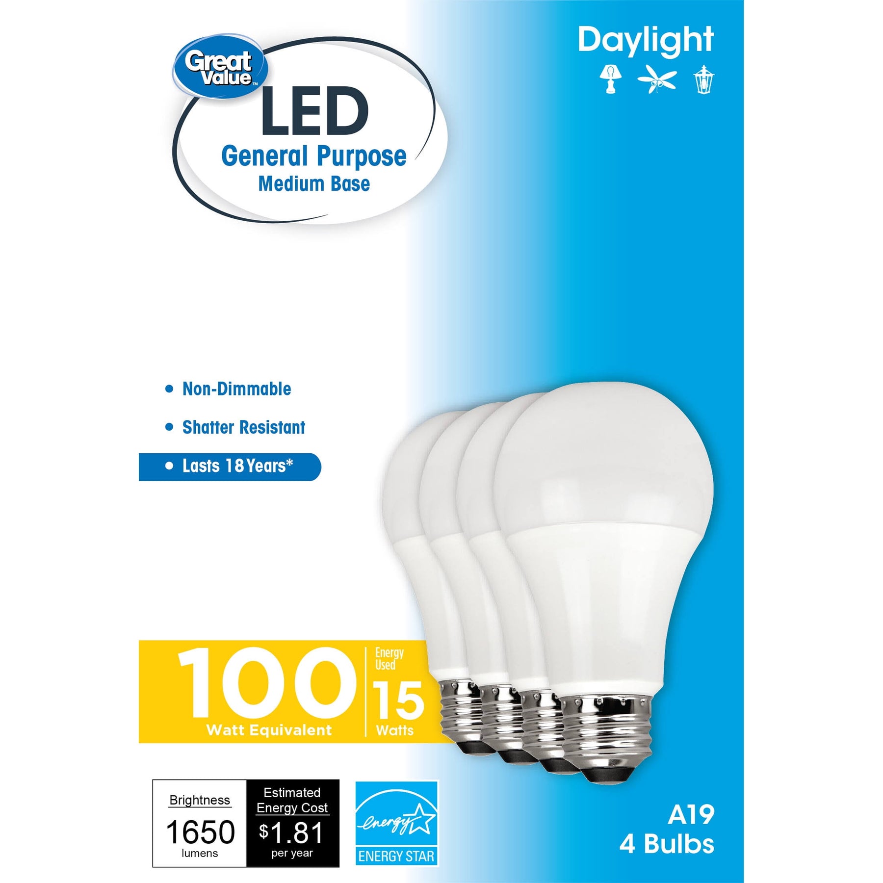 Great Value 100 Watt LED A19 Bulbs, Daylight - 4 Each - Product image 1