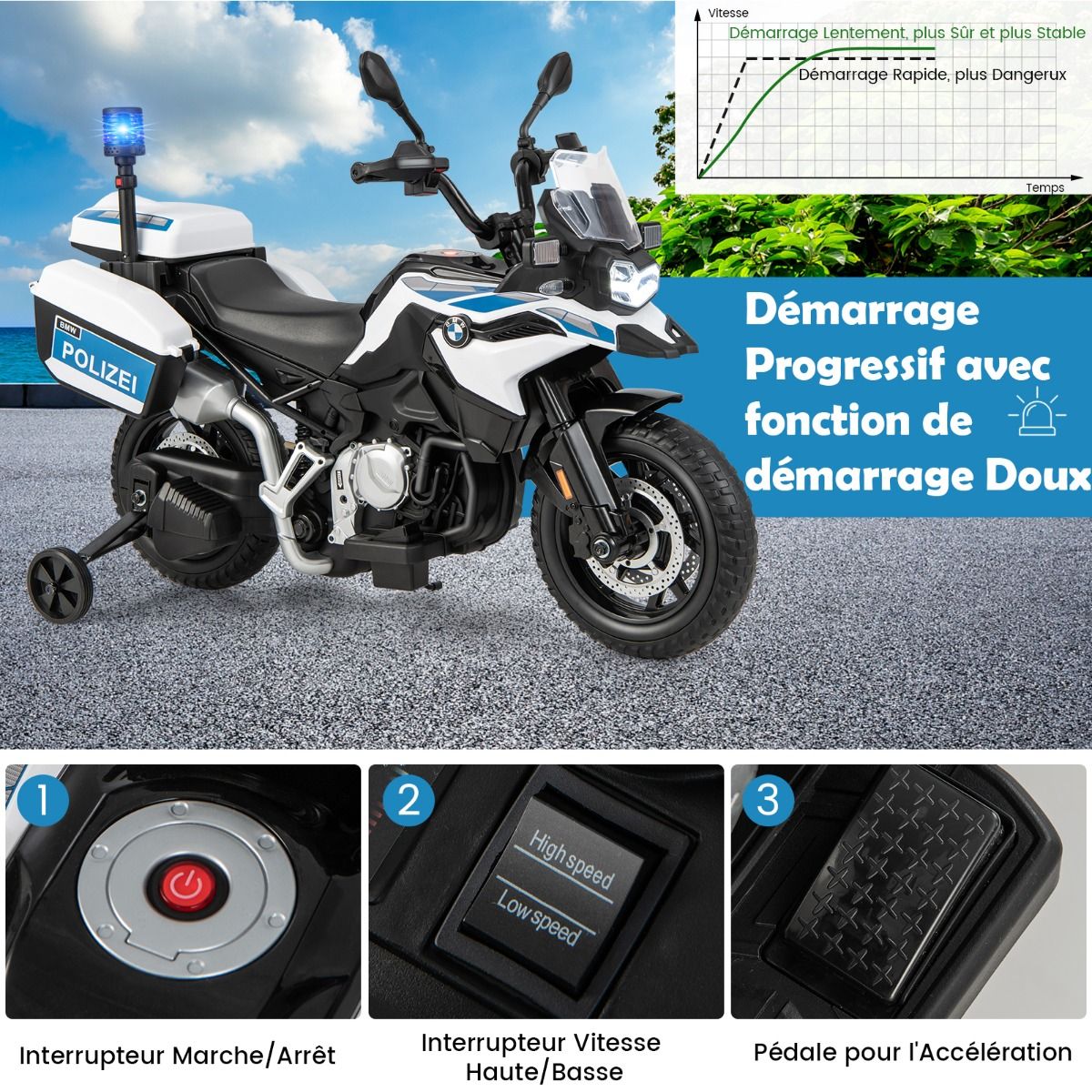 12V/7AH Electric Motorcycle for Children 6km/h Police Model with Horn Music Siren Headlights for 3-8 Years Old -